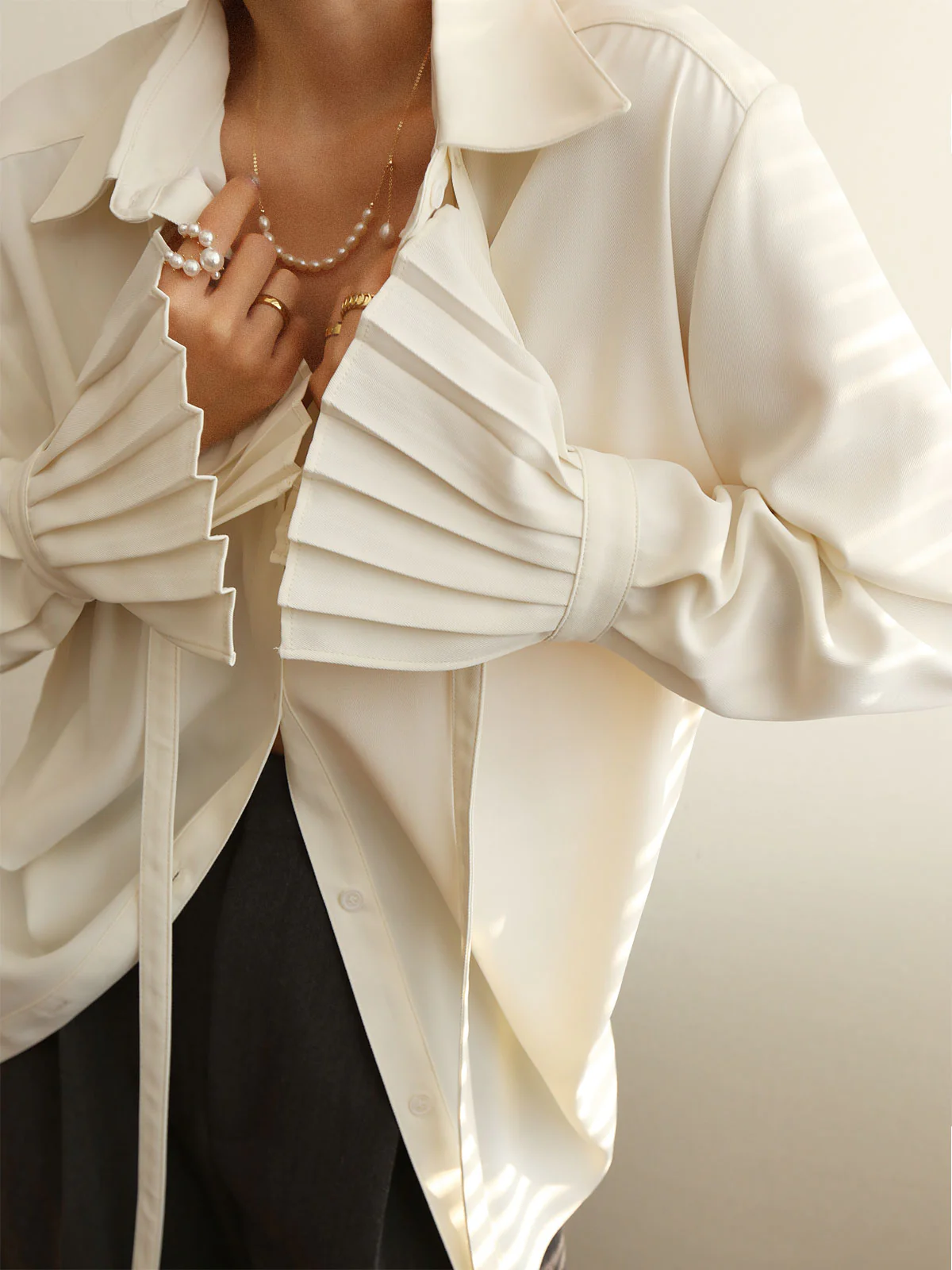 Pleated Cuff Collar Tied Button Shirt - Takermore