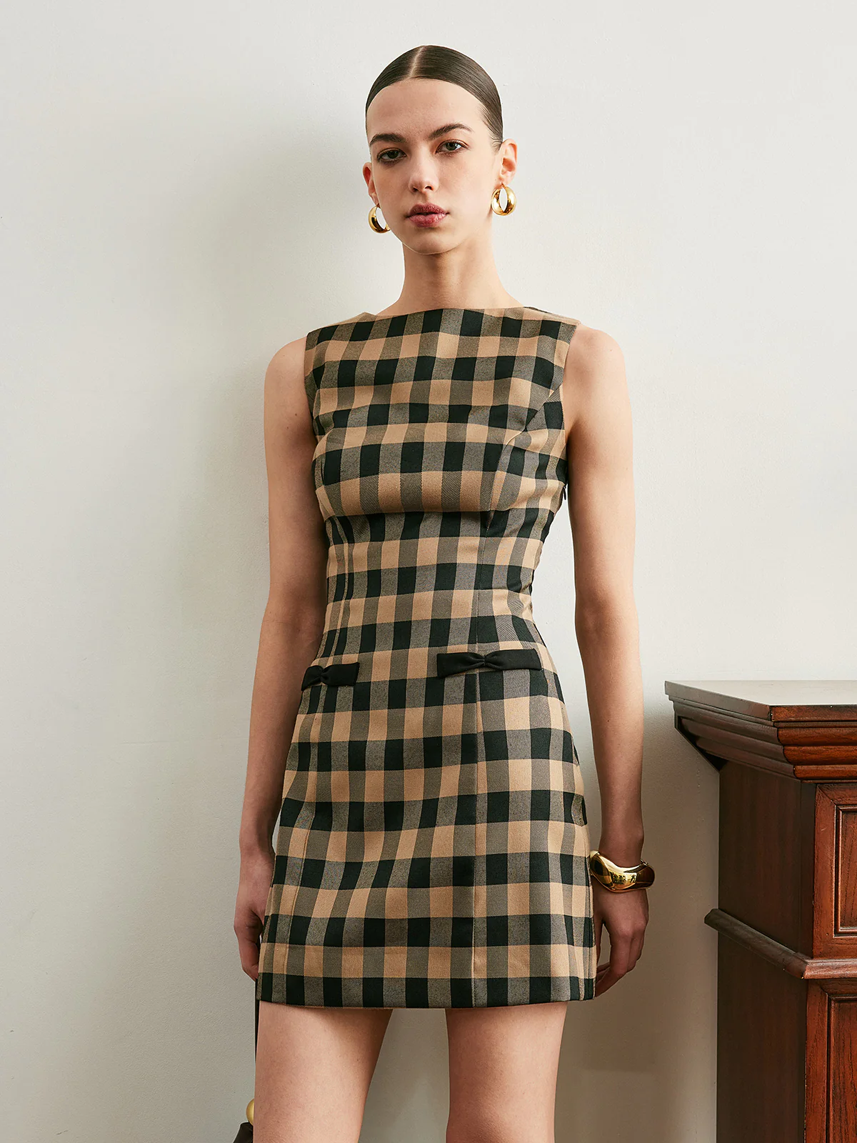 Vintage Plaid Sleeveless Bow Dress - Takermore