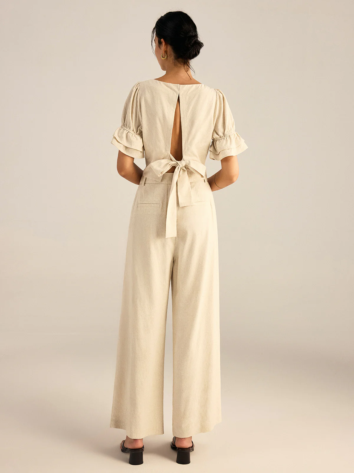 Cotton & Linen Puff-Sleeves Bow-Back Top and Pants Set - Takermore