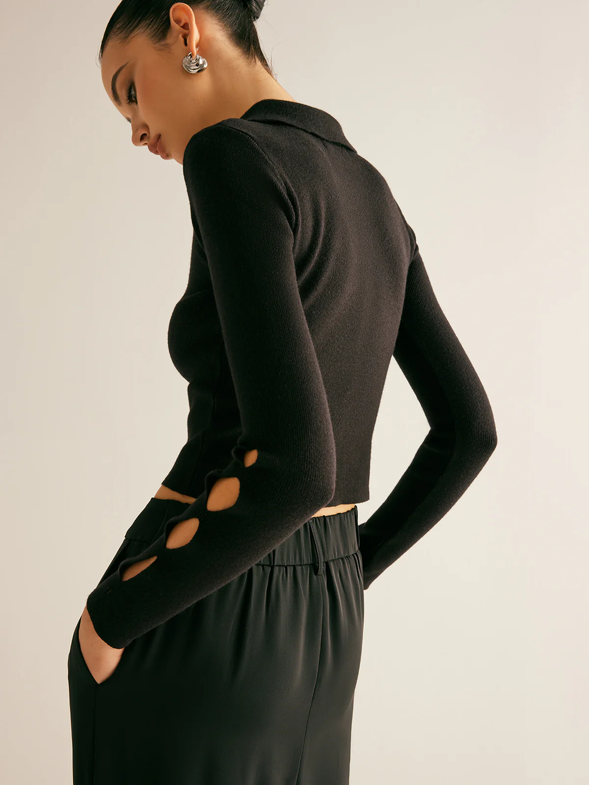 Metal-Decor Cutout Lapel Crop Sweater - Takermore