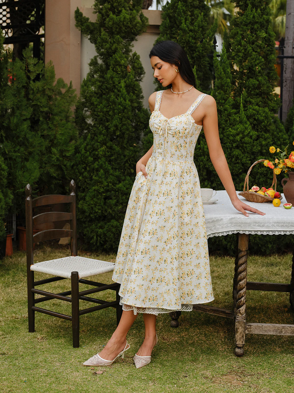 Floral Lace-Trim Tie-Front Dress - Takermore