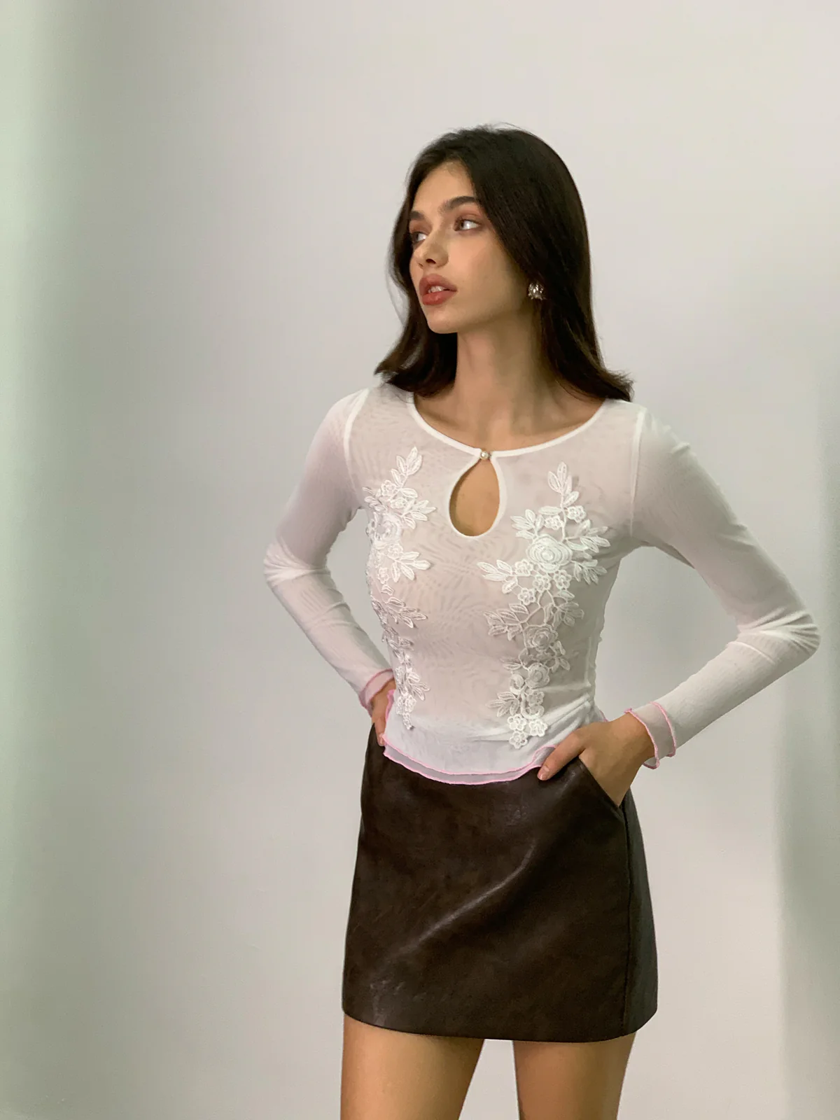 Semi-Sheer Keyhole Neckline Floral Mesh T-Shirt - Takermore