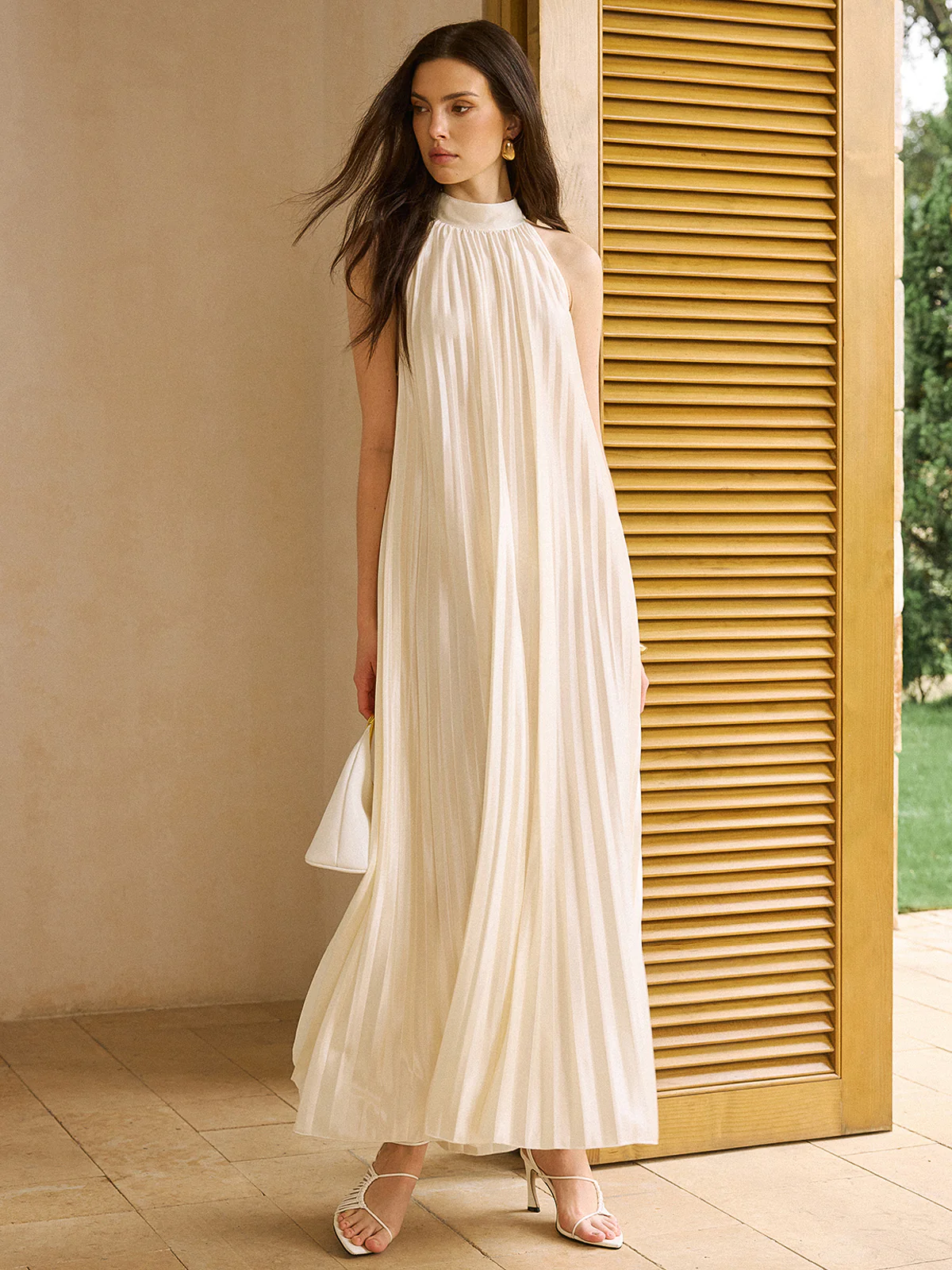 Satin High-Neck Pleated Maxi Dress - Takermore