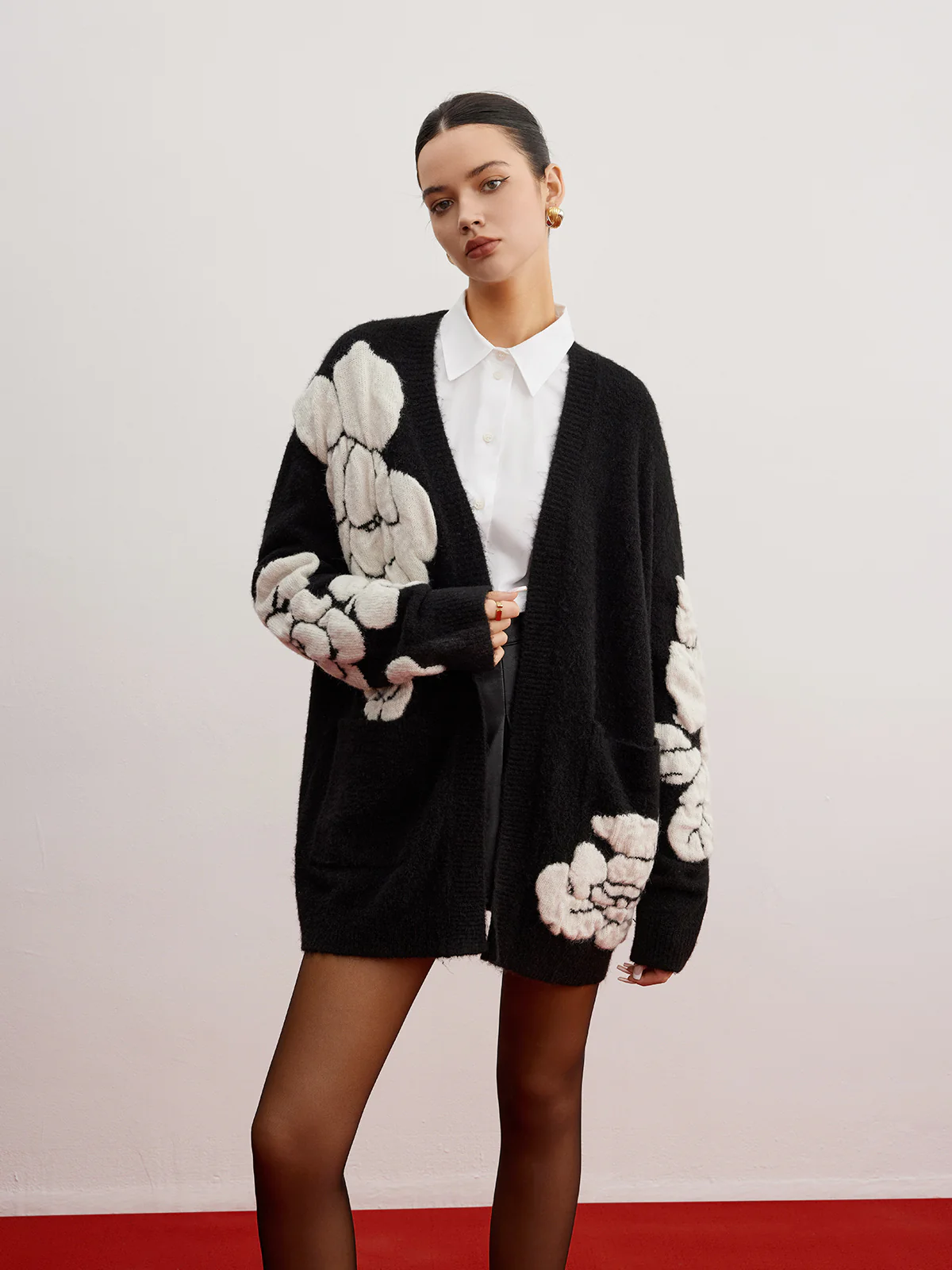 Wool-Blend Knit-Floral Cardigan - Takermore