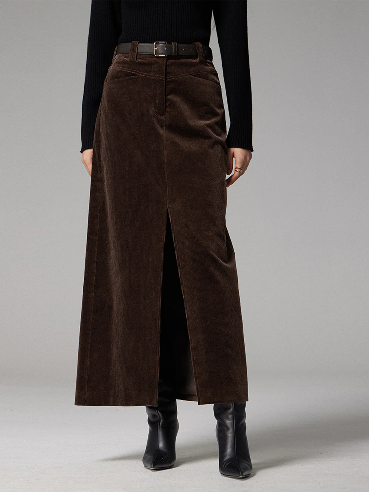Pockets Corduroy Slit Maxi Skirt - Takermore