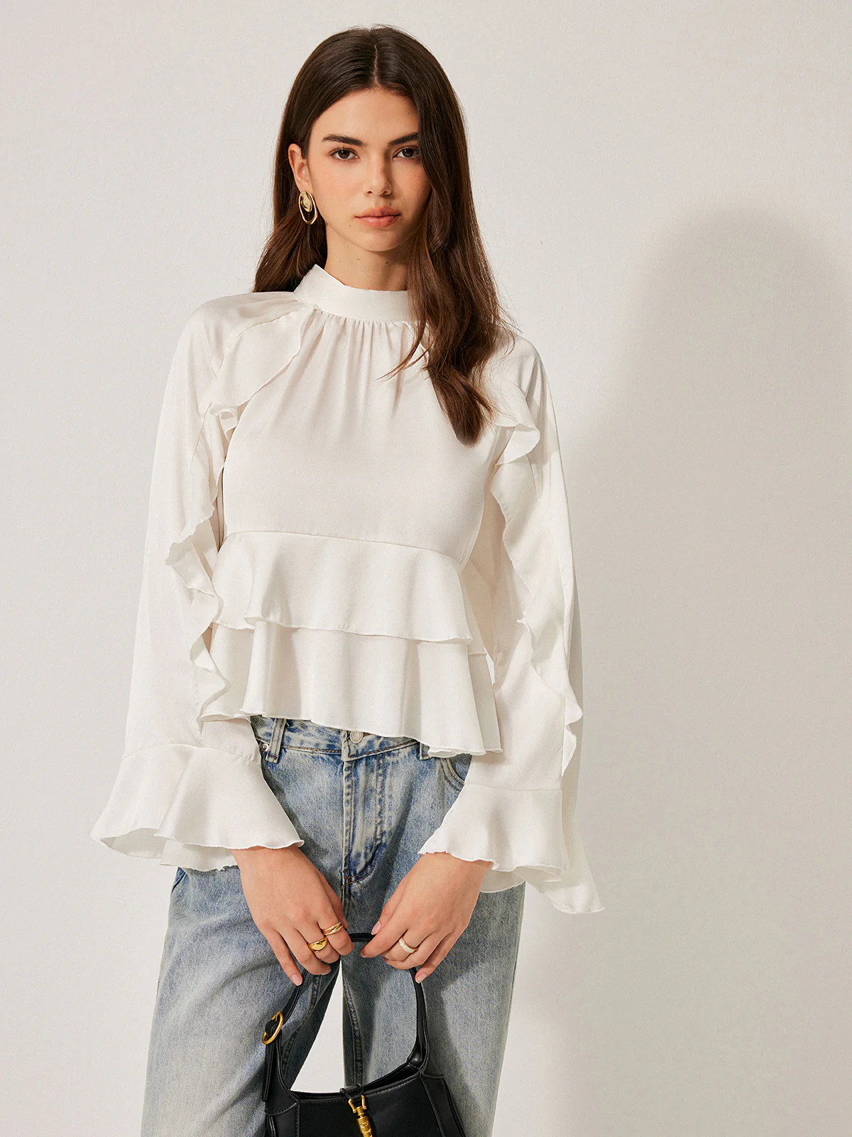 Stand Collar Button Ruffle Peplum Blouse - Takermore