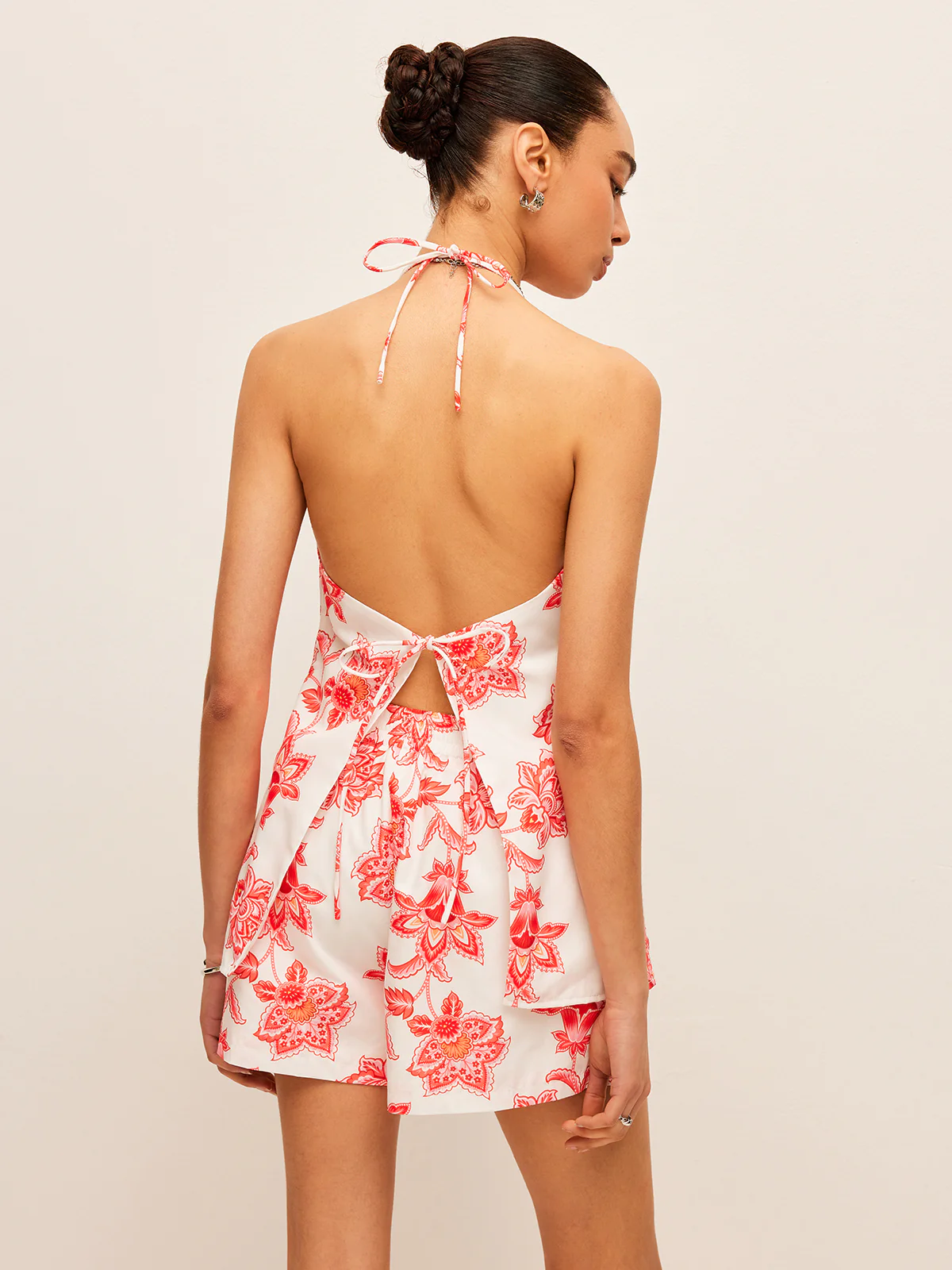 Floral Halter Neck Tie-Front Shorts Set - Takermore