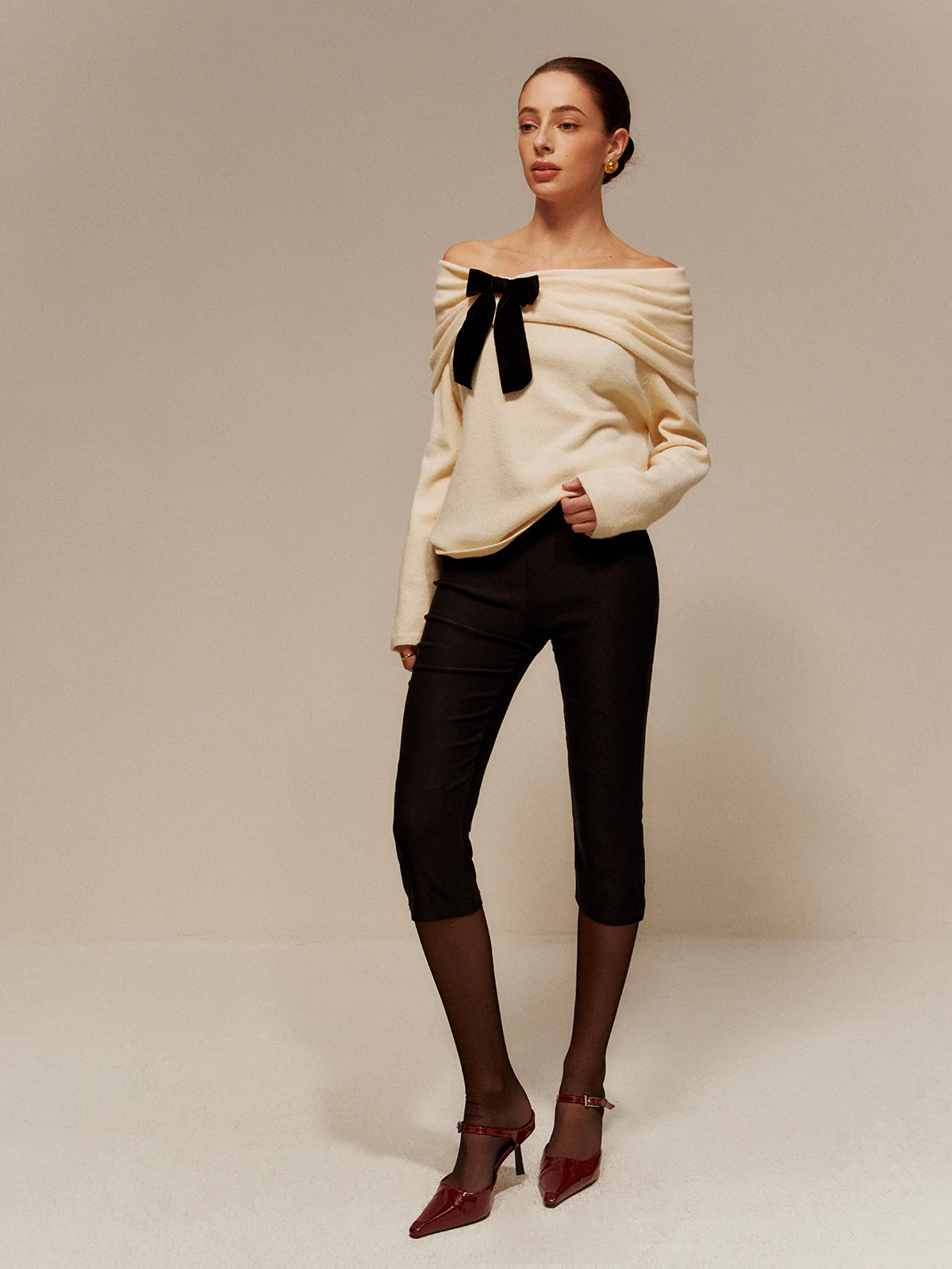 Velvet-Bow Off-Shoulder Ruched Sweater - Takermore