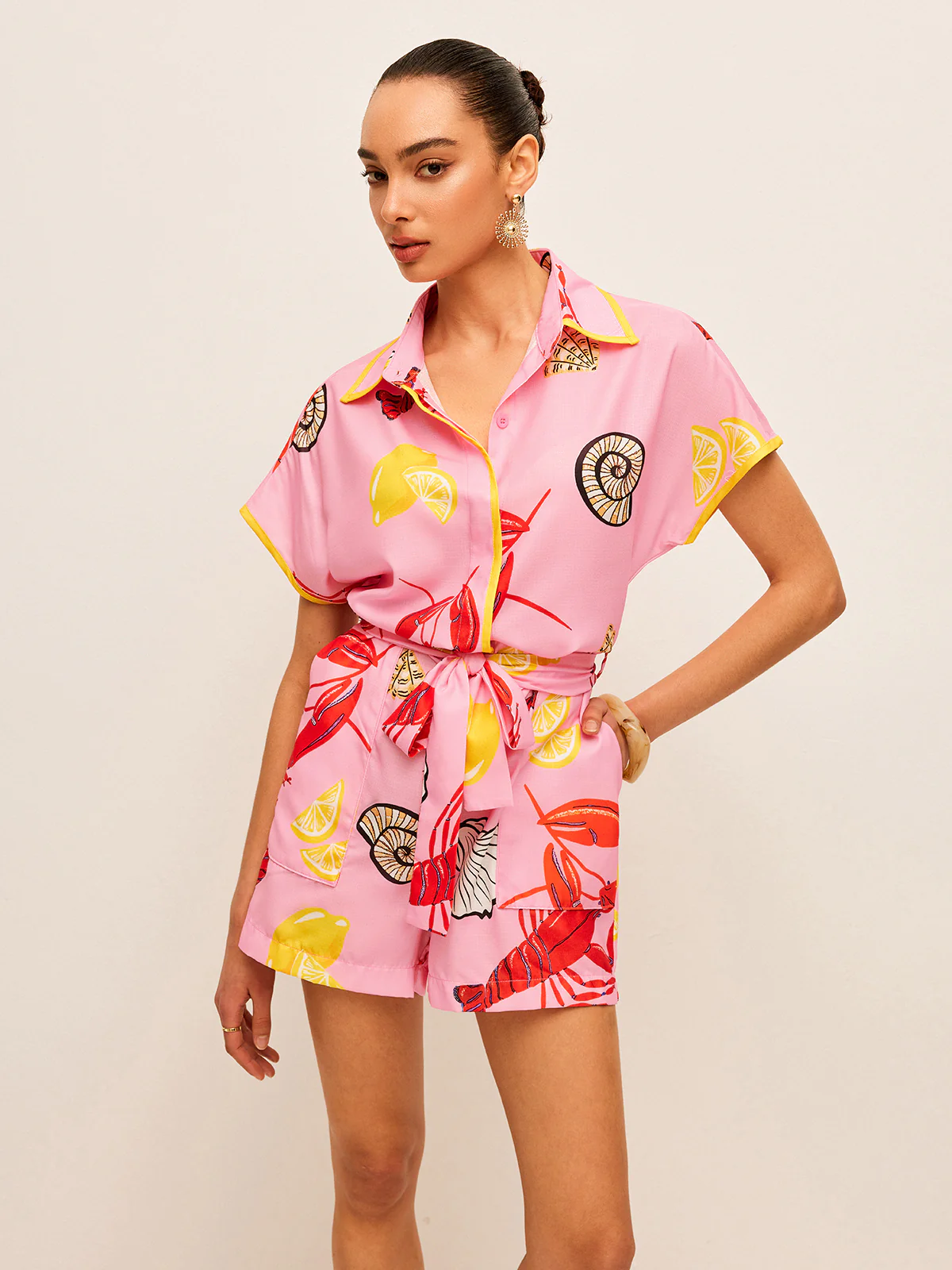 Fruit & Shell Print Tie-Waist Jumpsuit - Takermore