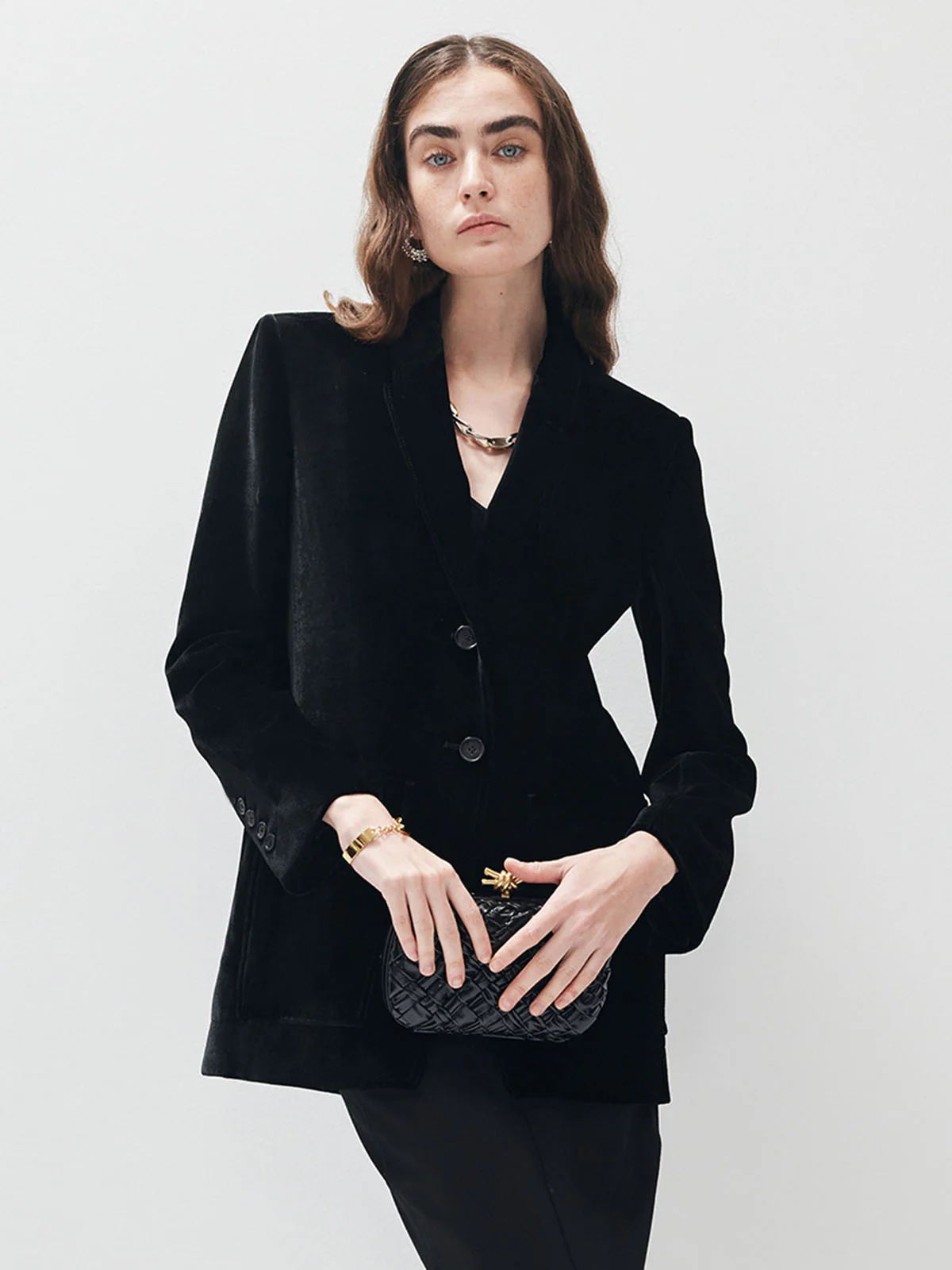 V-Neck Velvet Button Blazer - Takermore