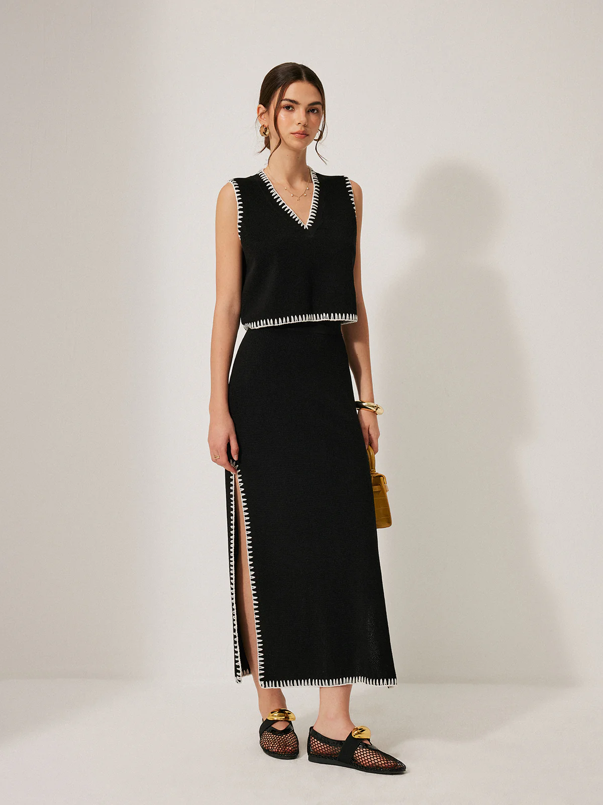 Contrast Trim Knit Tank Top With Skirt Set - Takermore