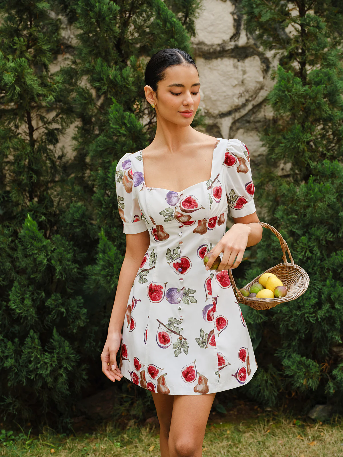 Fruit Print Button-Front Puff Sleeve Dress - Takermore