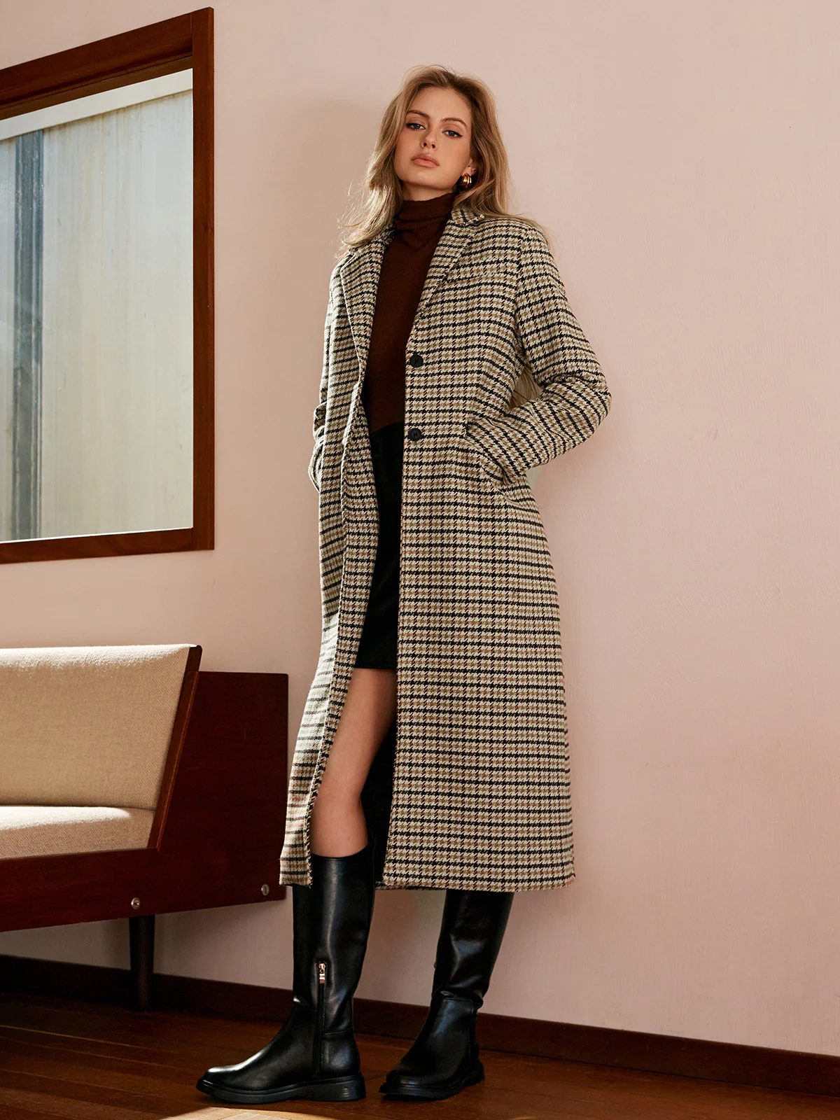 Checked Button Long Coat - Takermore