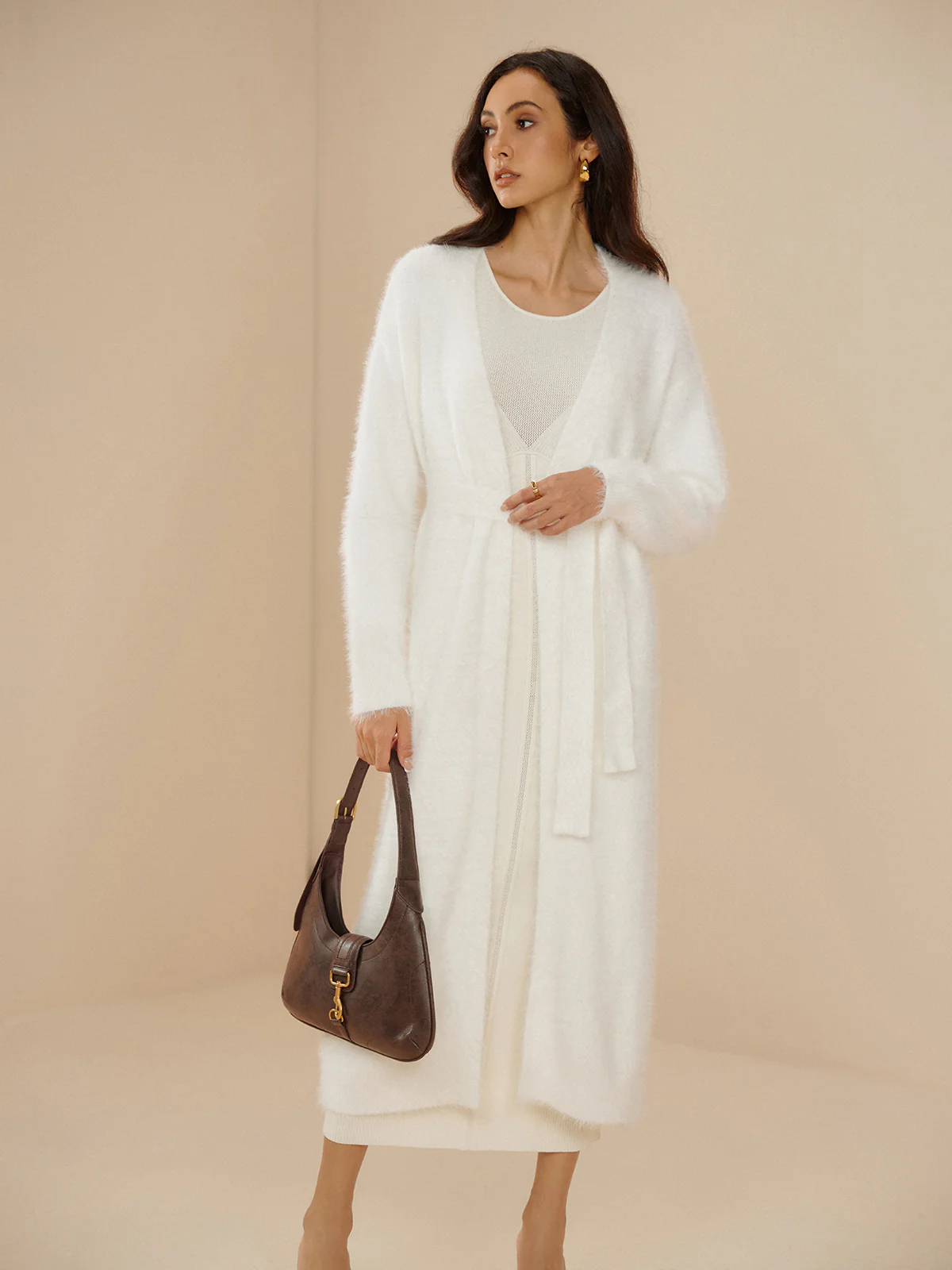 Elegant Fuzzy Plain Belted Cardigan - Takermore