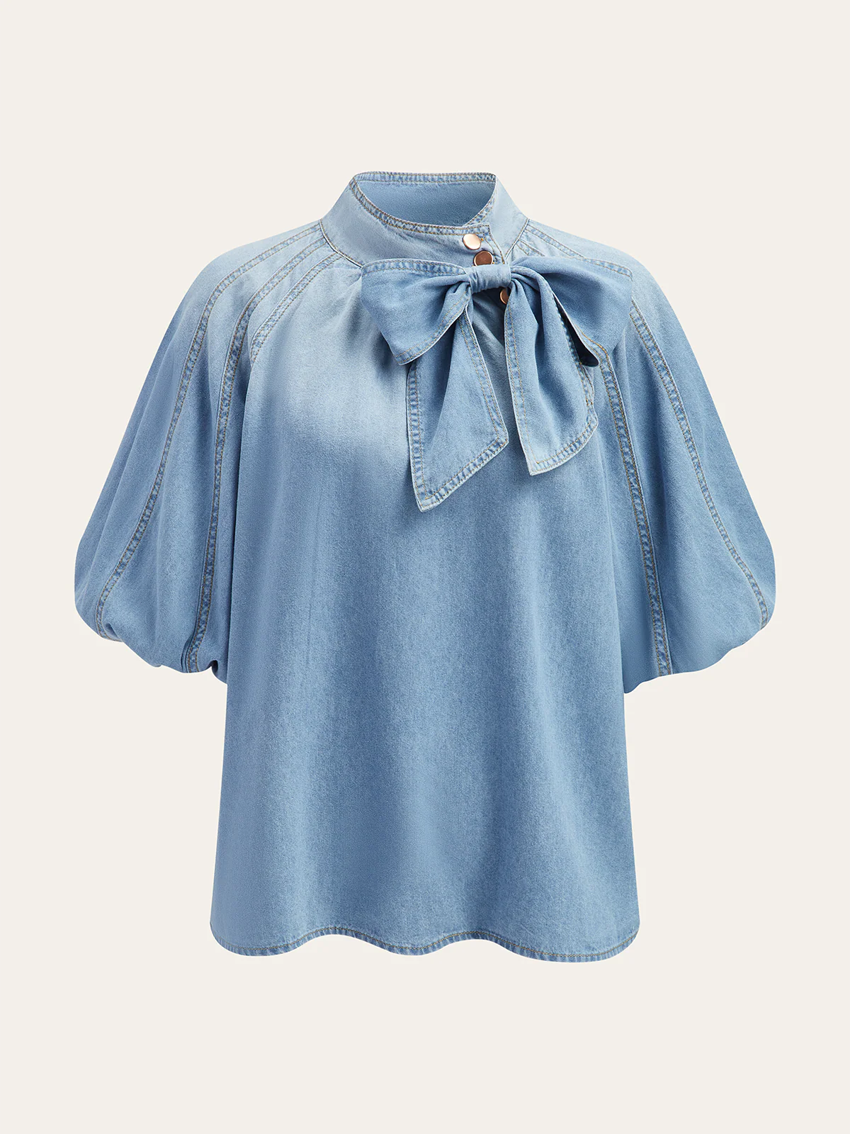 Denim Puff-Sleeve Top With Bow Detail - Takermore
