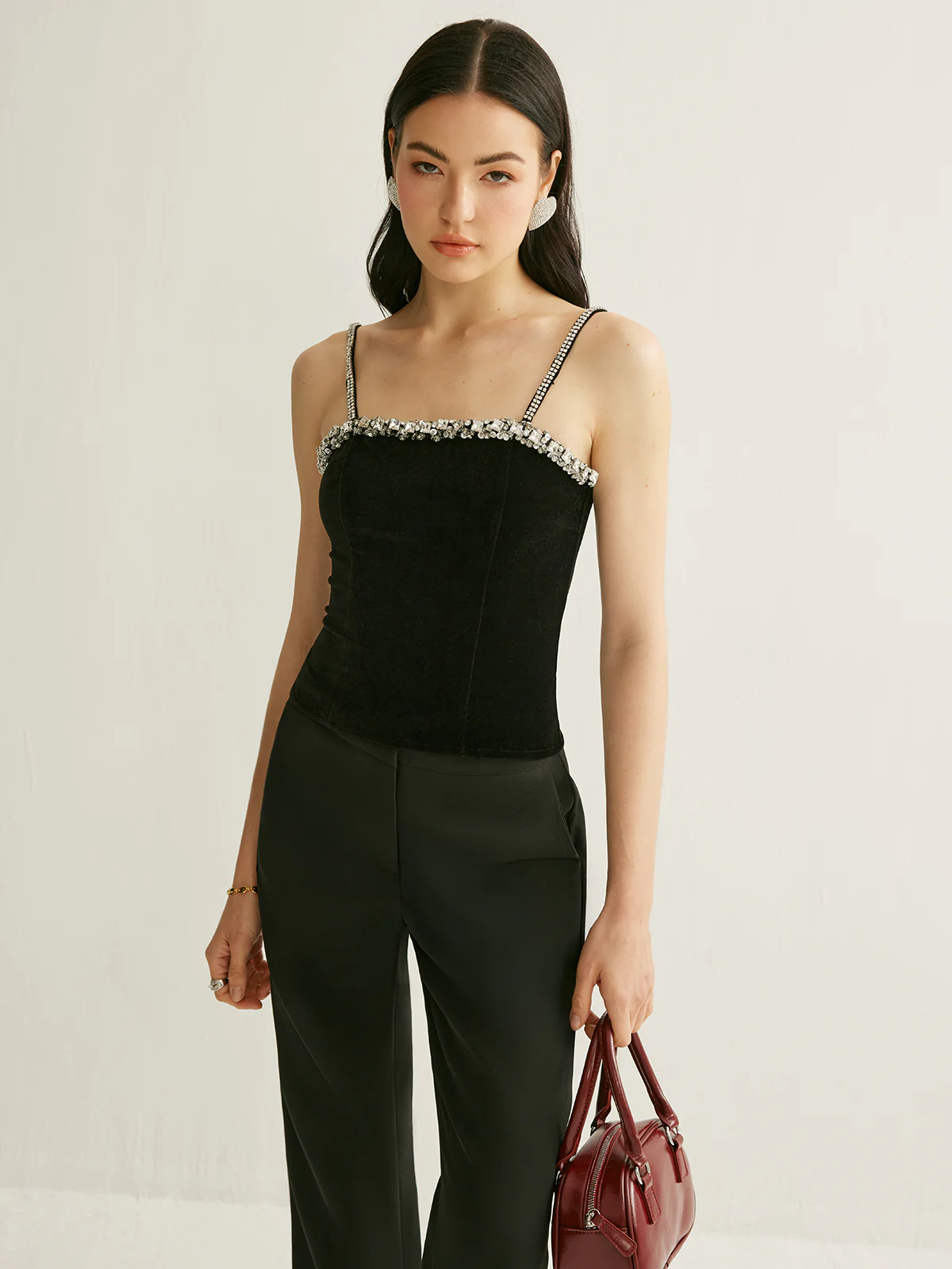 Rhinestone-Embellished Velvet Cami Top - Takermore