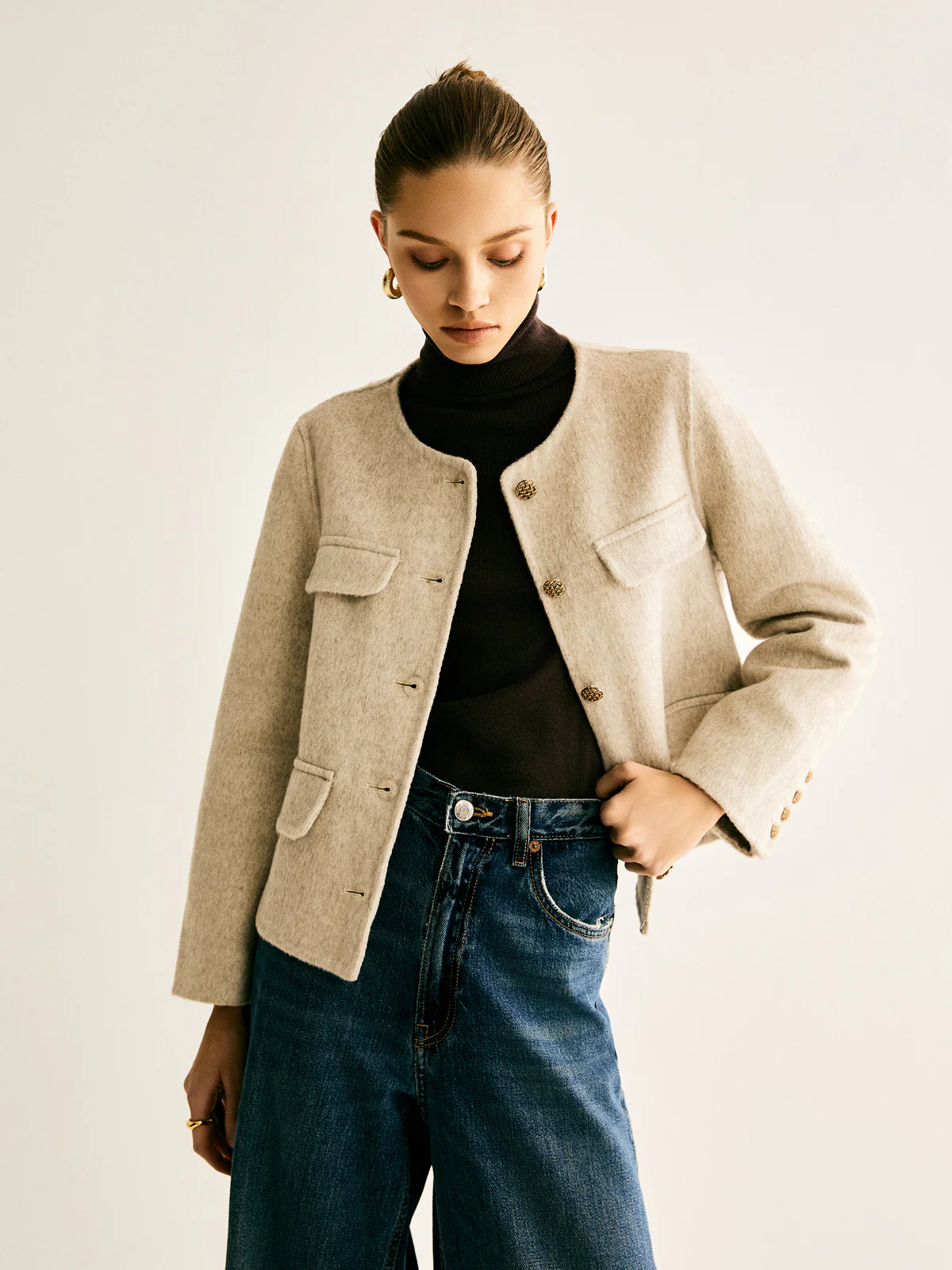 Wool-Blend Crew Neck Jacket - Takermore
