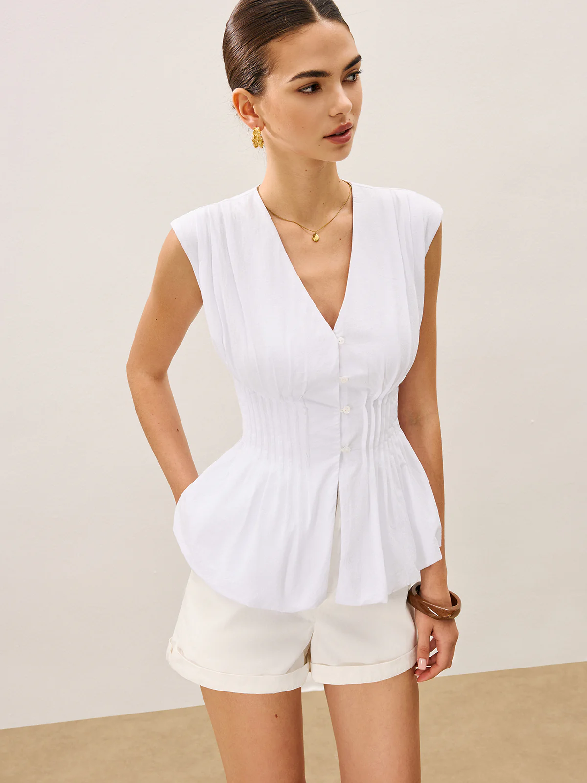 Pleated Peplum V-Neck Blouse - Takermore