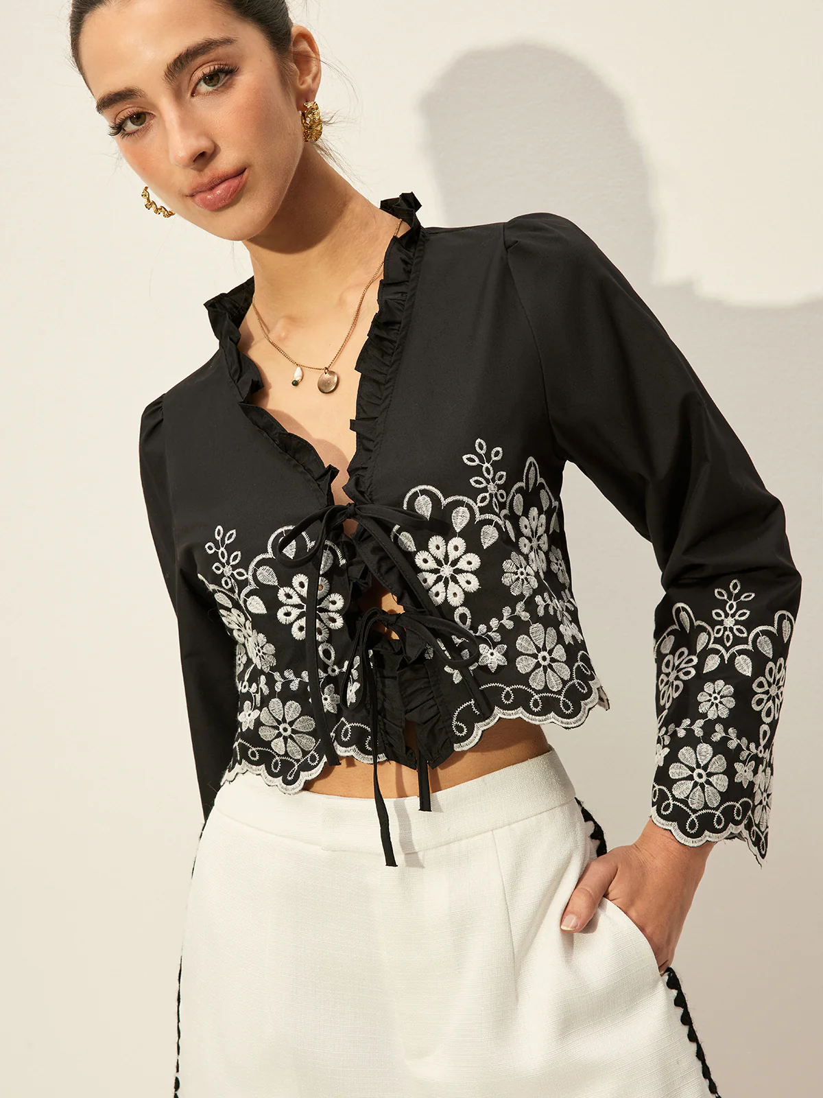 Embroidered Tie-Front Top - Takermore