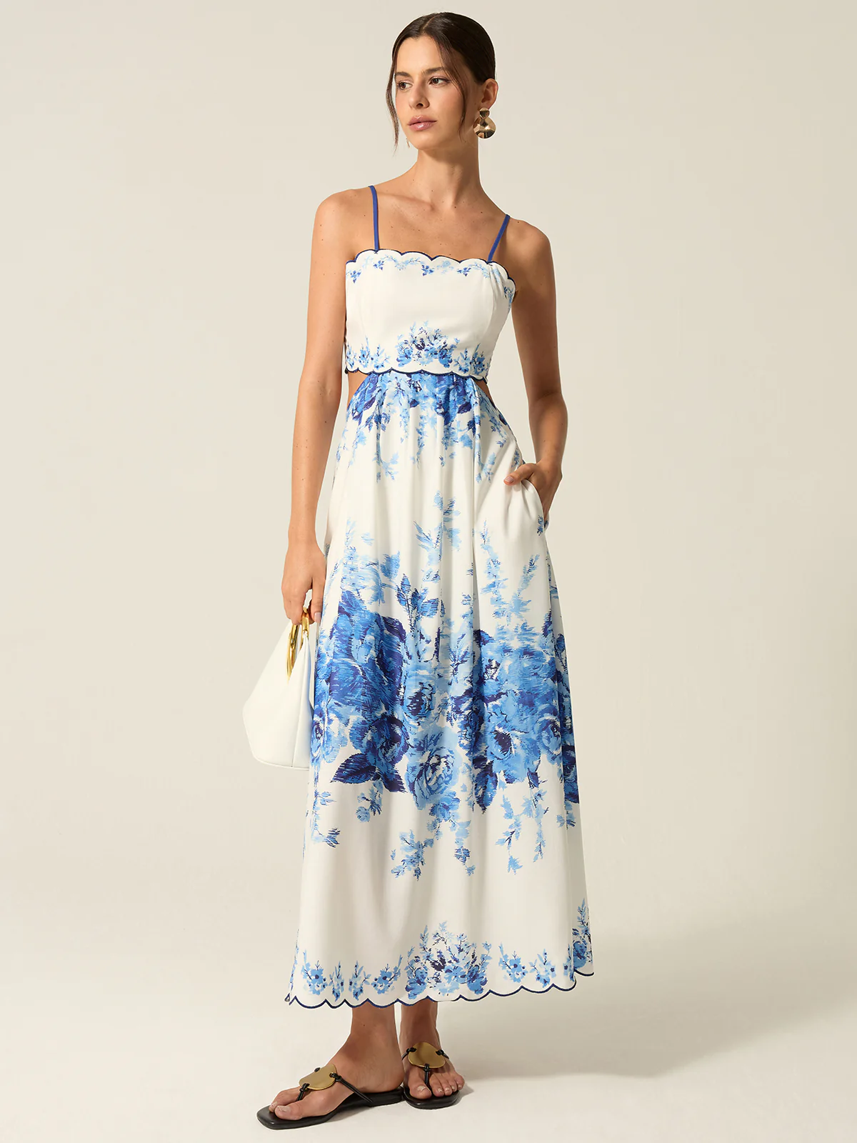 Pocketed Floral Print Cut-Out Maxi Dress - Takermore