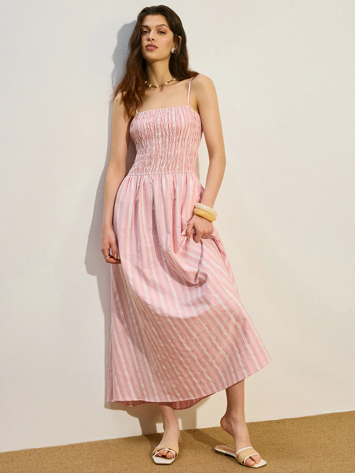 Pocketed Striped Shirred Maxi Dress - Takermore