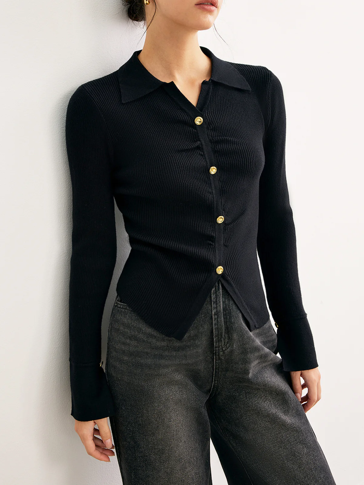 Button Split Slim Polo Sweater - Takermore