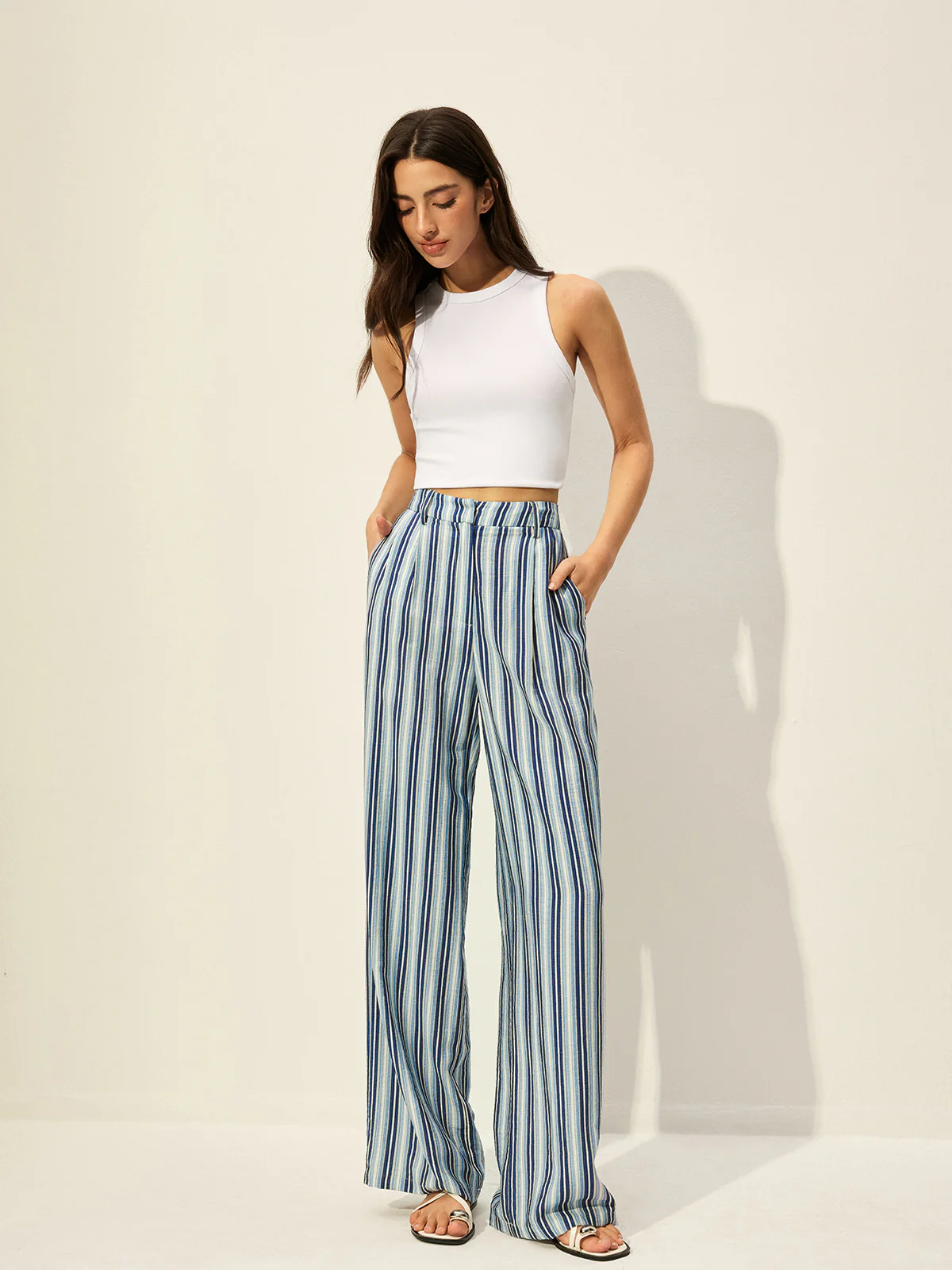 Cotton Blend High-Waist Striped Pants - Takermore