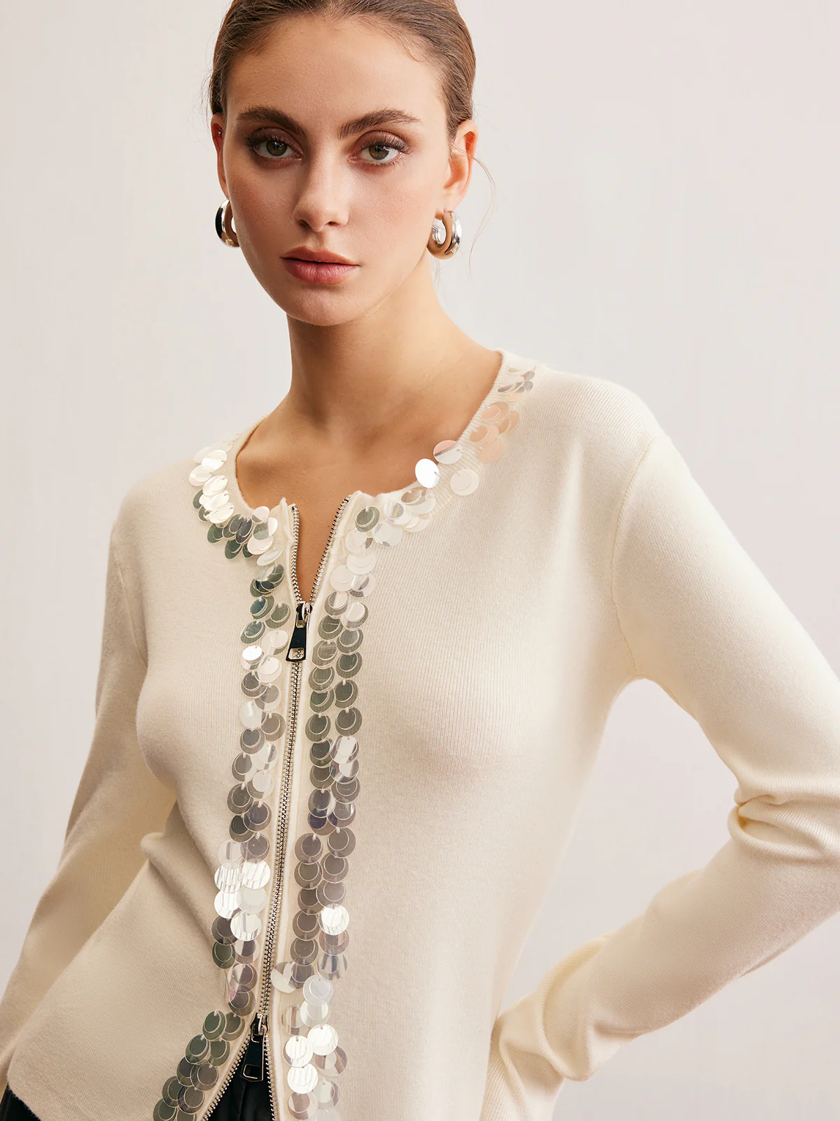 Two-Way Zip Sequins Cardigan - Takermore