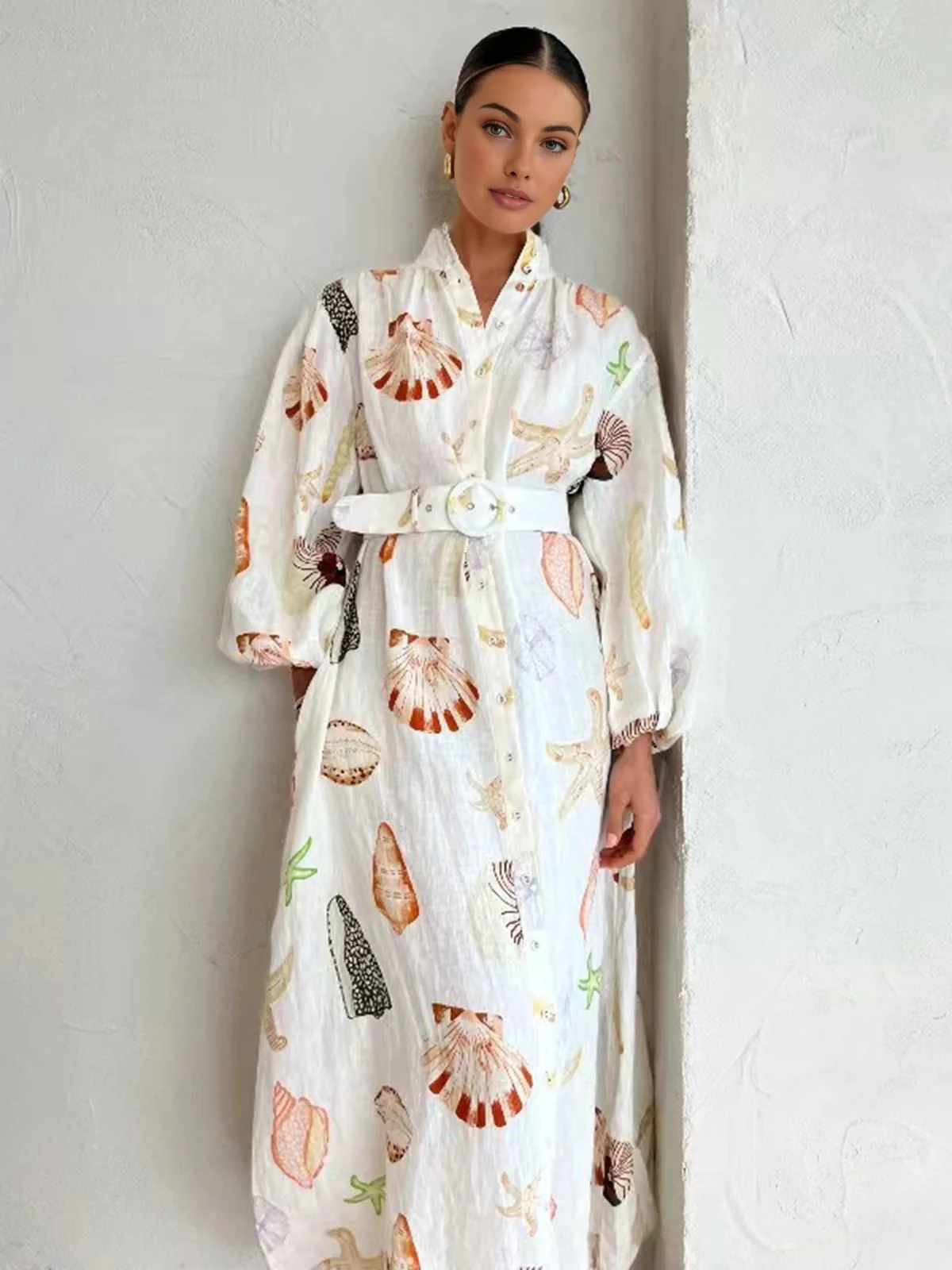 Marine Life Print Button-Front Belted Long Dress - Takermore