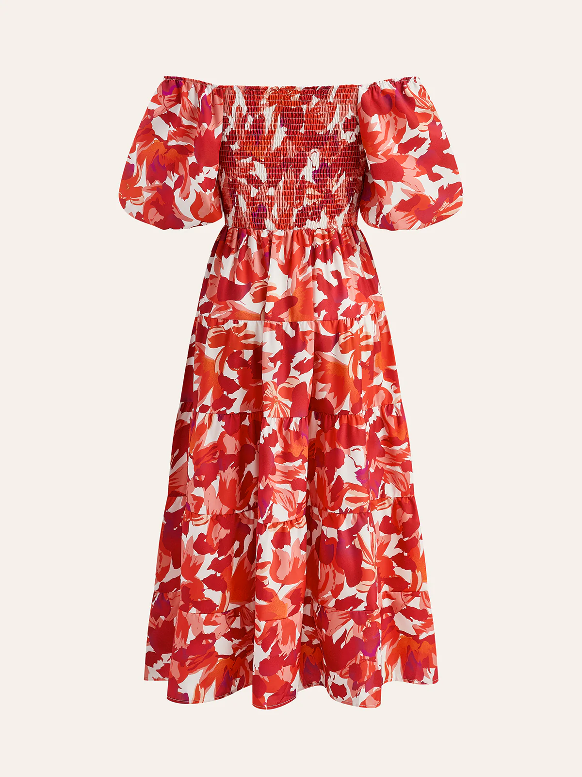 Off-Shoulder Smocked Floral Dress - Takermore