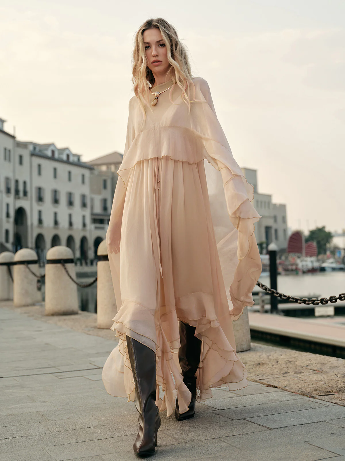 Semi-Sheer Chiffon Layered Dress With Cloak - Takermore