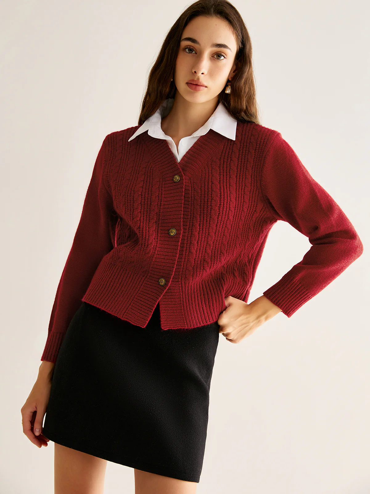 Contrast Collar Cable-Knit Short Cardigan - Takermore