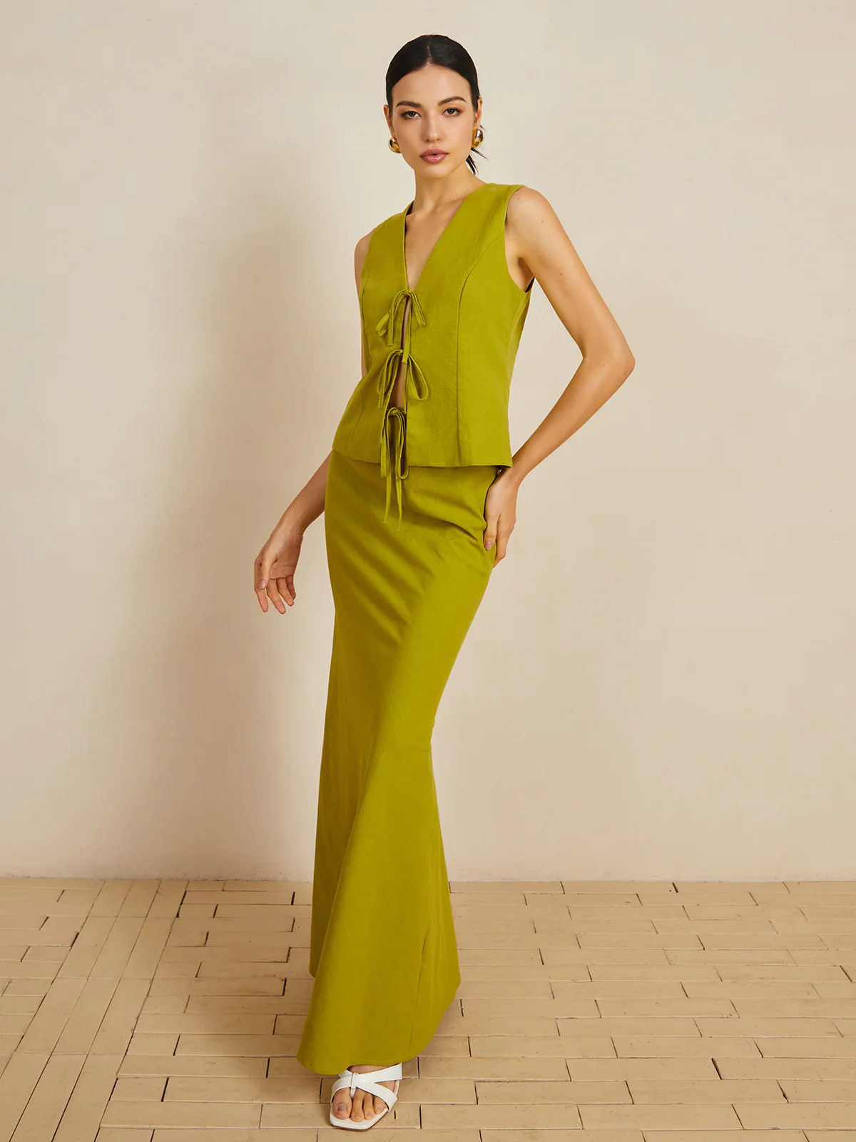 Cotton V-Neck Tie Front Skirt Set - Takermore