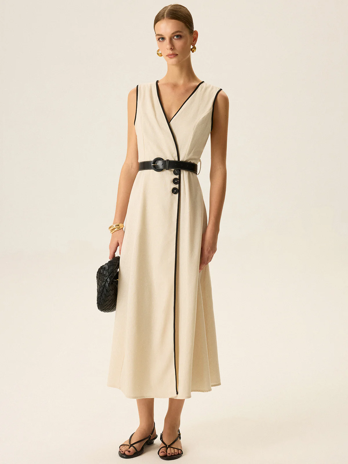 Contrast Trim Belted Midi Dress - Takermore