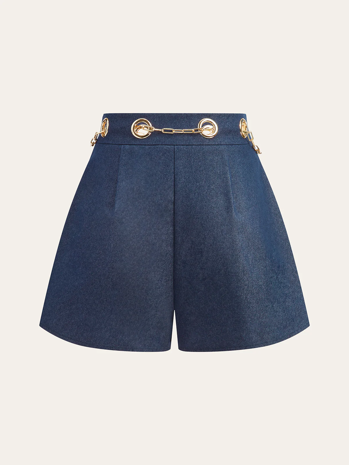 Faux Denim Shorts with Metal Chain Belt - Takermore