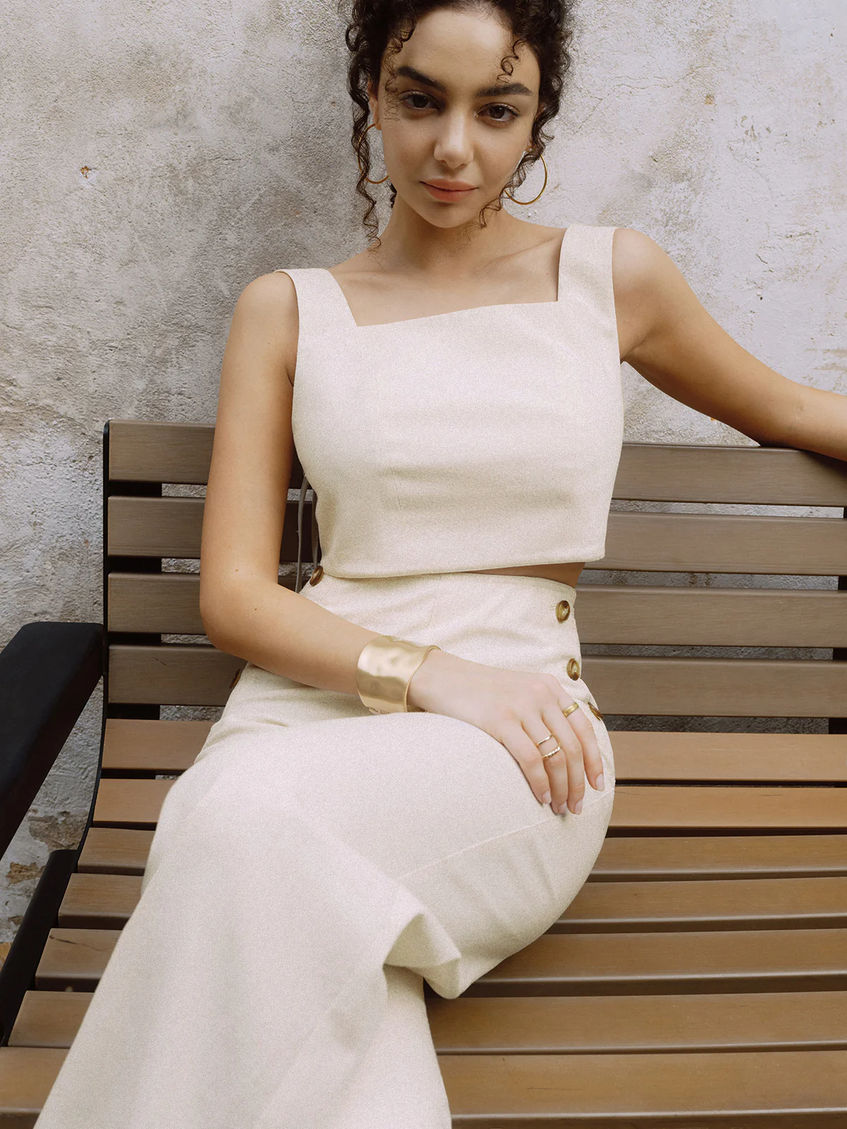 Cotton & Linen Button Decor Tank Top With Straight Leg Pants Set - Takermore