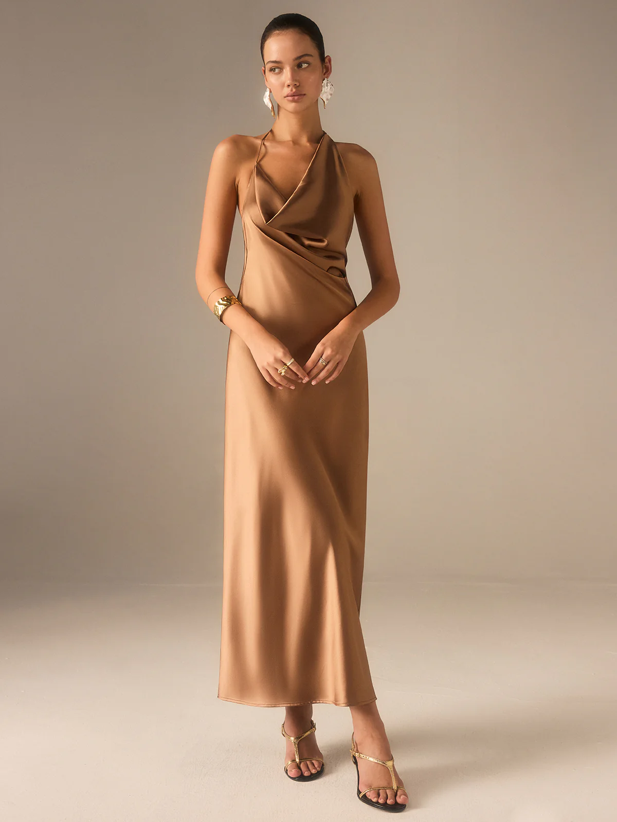 Satin Halter-Neck Backless Maxi Dress - Takermore