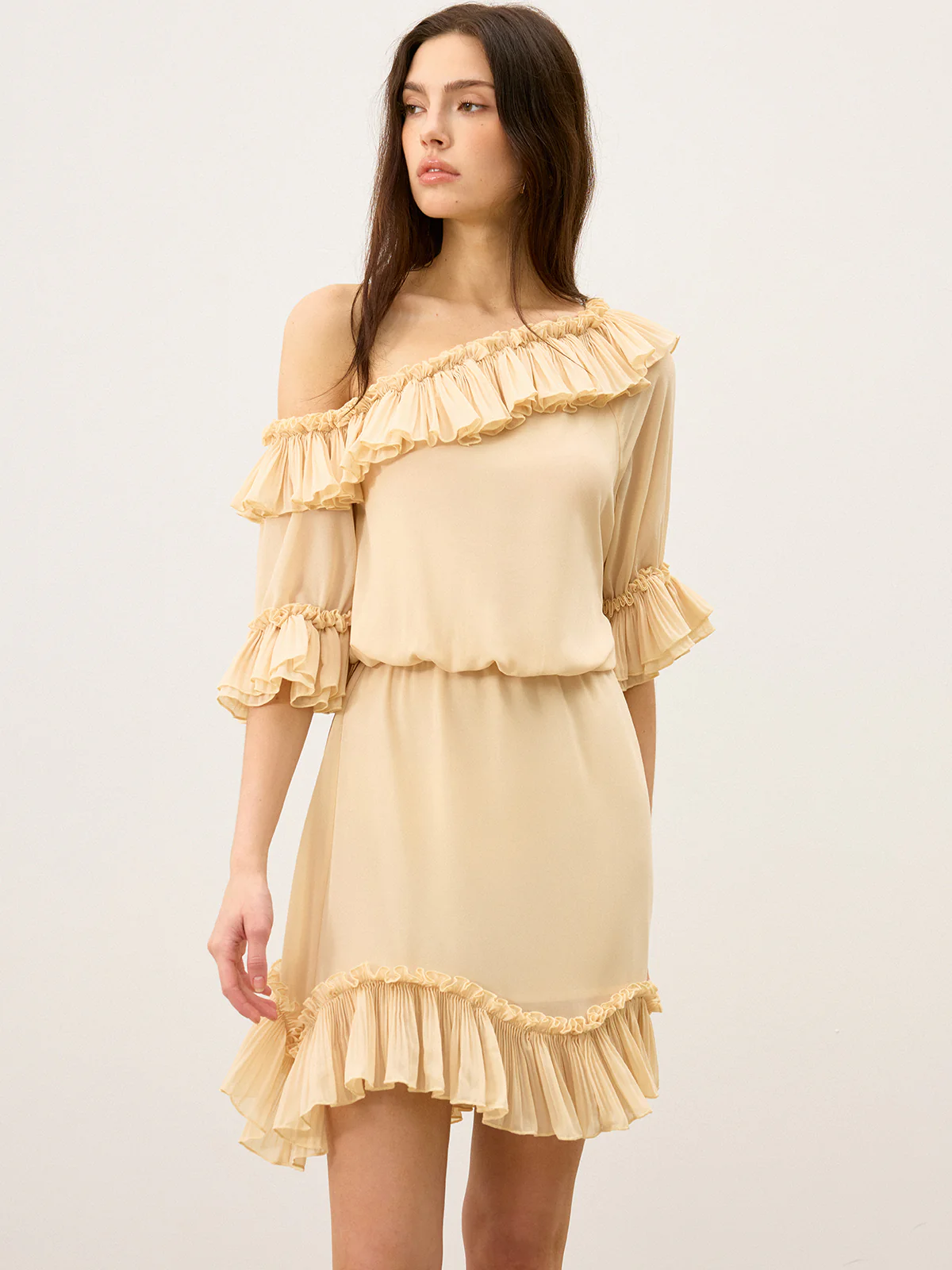 Chiffon One-Shoulder Ruffled Mini Dress - Takermore