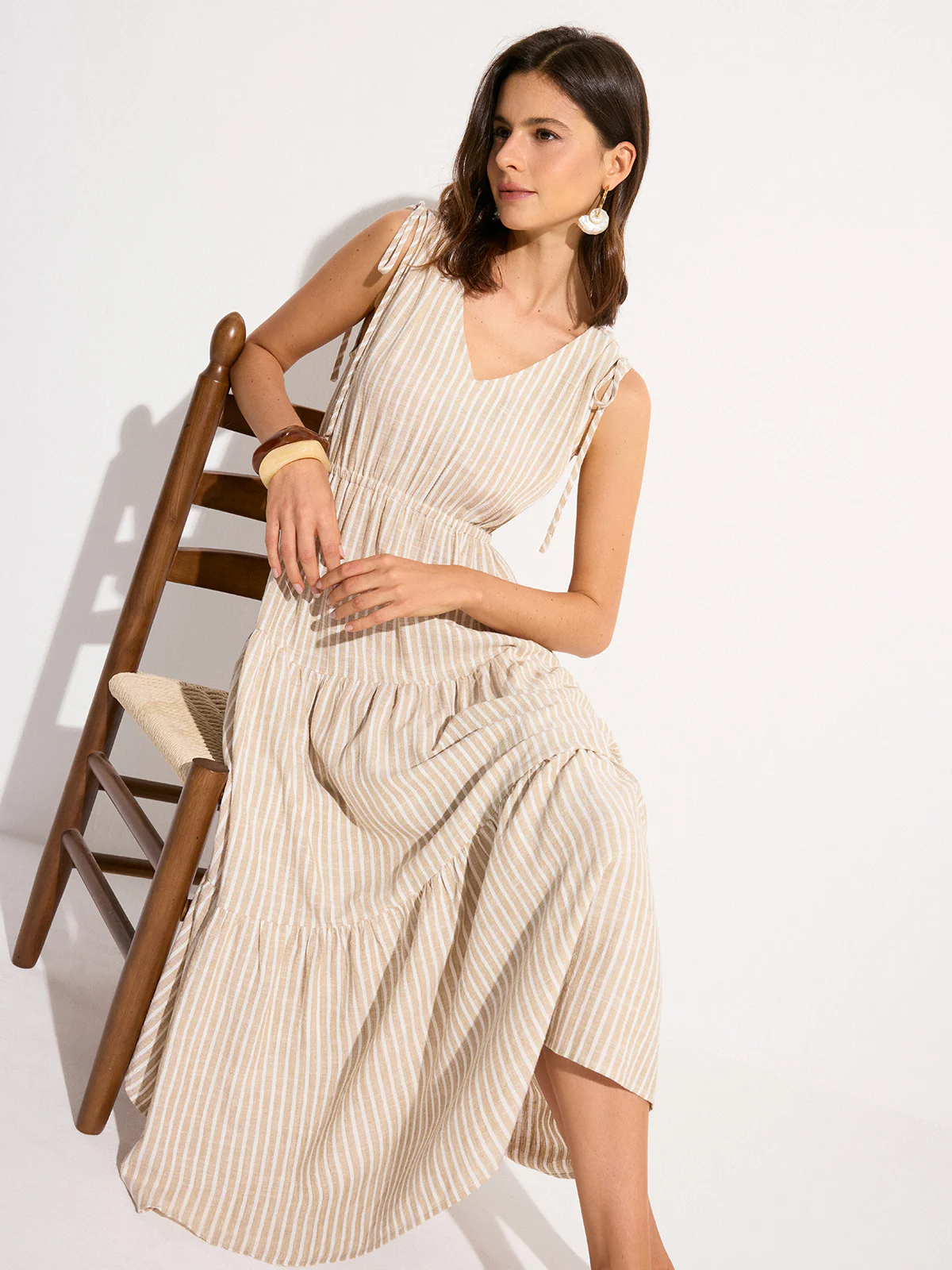 Pocketed Striped Linen & Cotton Tiered Maxi Dress - Takermore