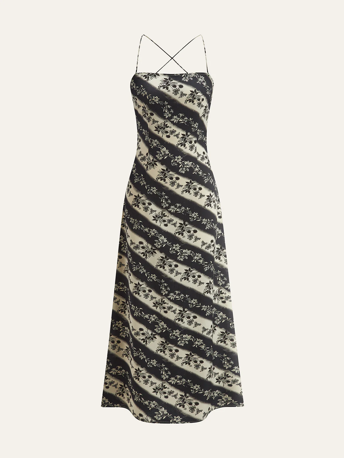 Floral Striped Criss-Cross Back Maxi Dress - Takermore