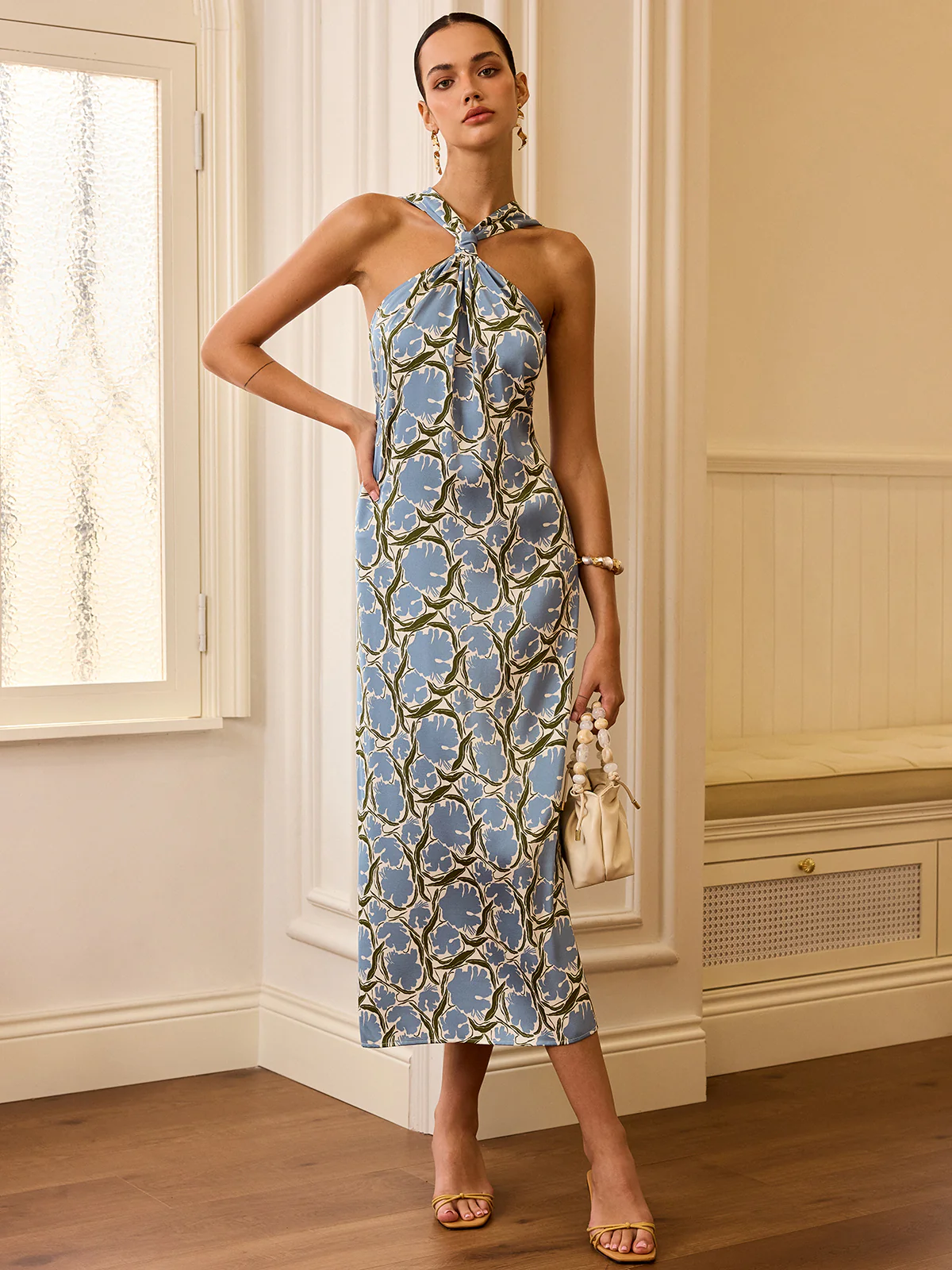 Halter Neck Floral Print Midi Dress - Takermore