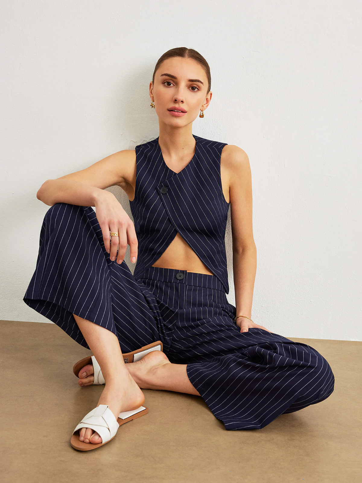 Pinstripe Pants Set With Pockets - Takermore