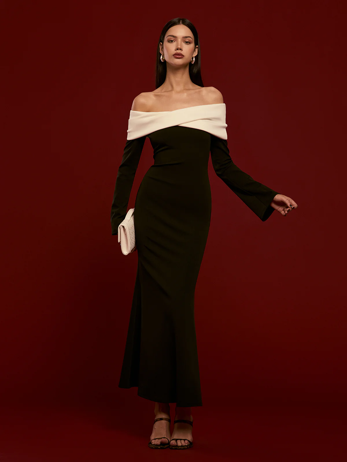 Off-Shoulder Ruched Bell-Sleeve Dress - Takermore