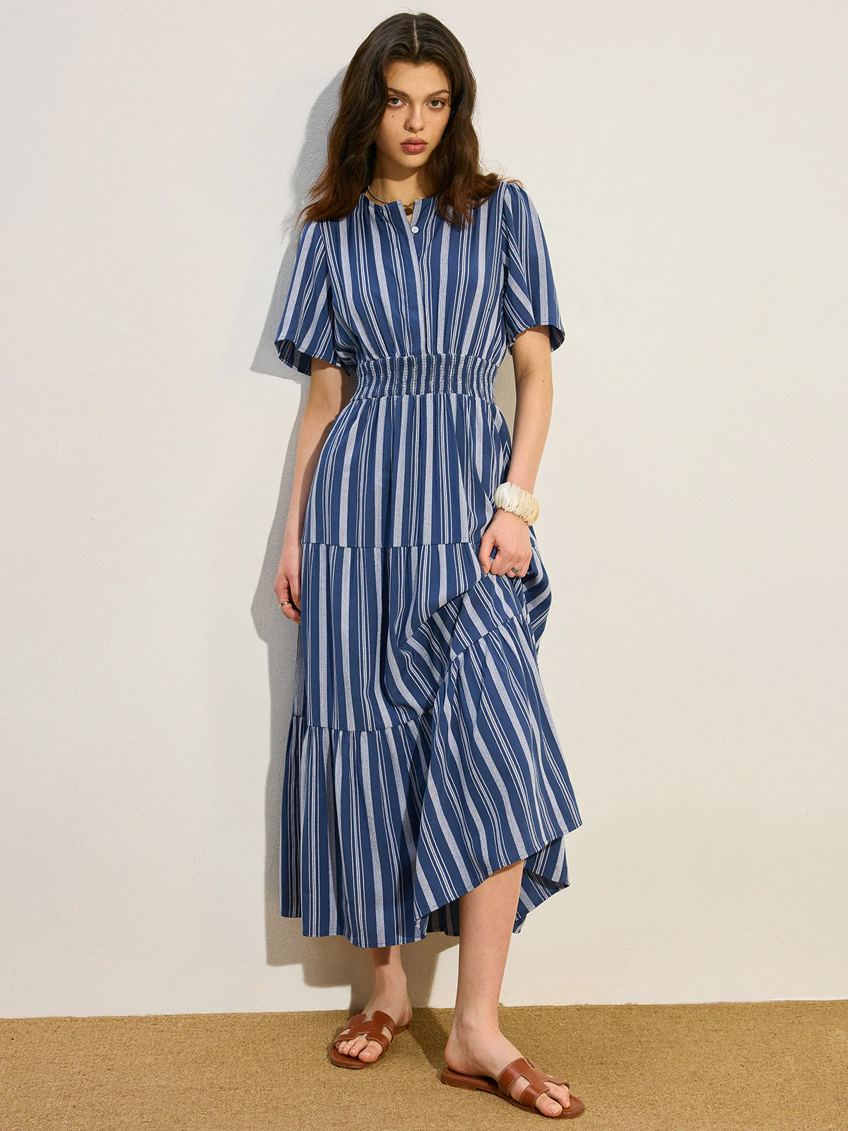 Striped Smocked Waist Tiered Maxi Dress - Takermore