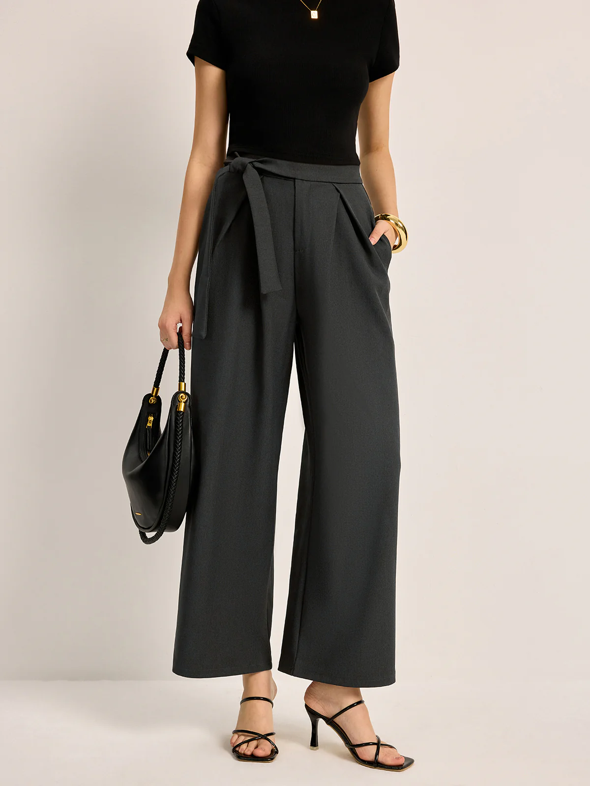 Mid-Waist Tie Belt Pants With Pockets - Takermore