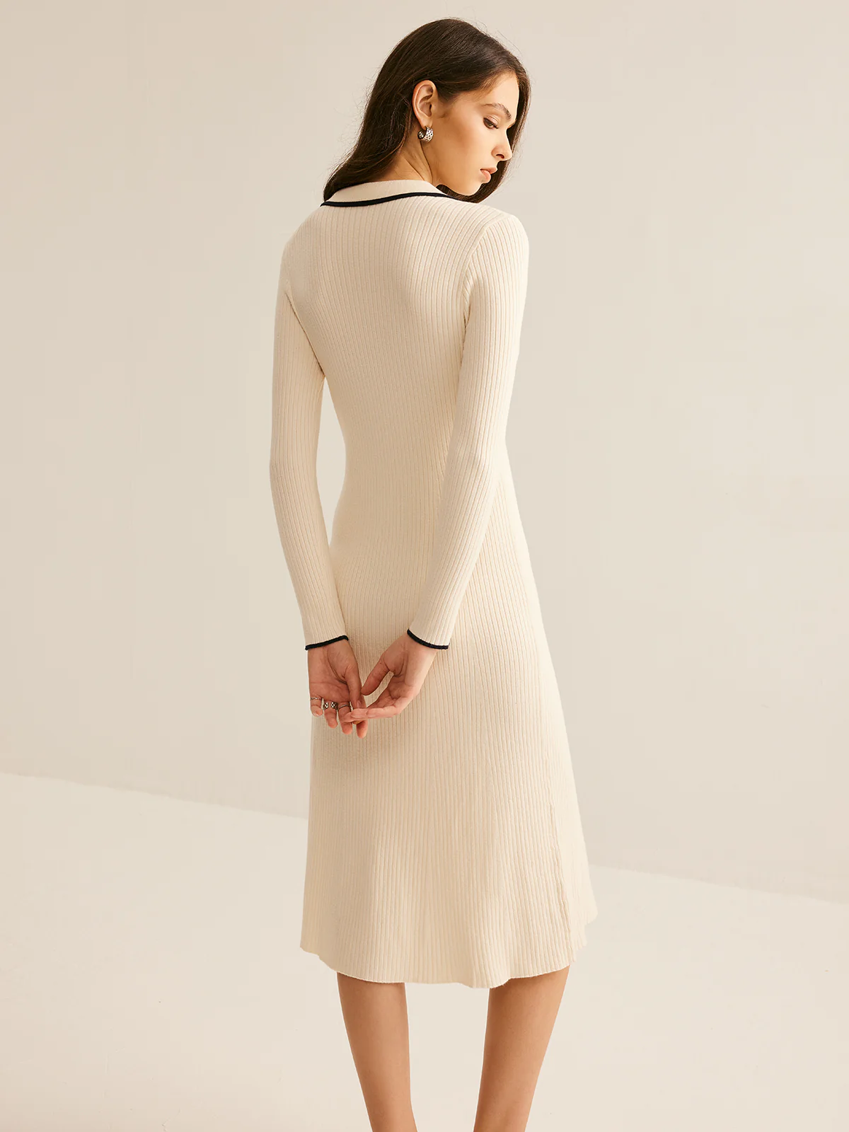 Contrast Trim Lapel Sweater Dress - Takermore