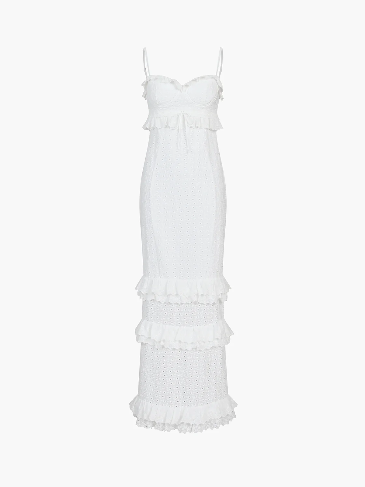 Cup Detail Layered Ruffle Eyelet Long Dress - Takermore