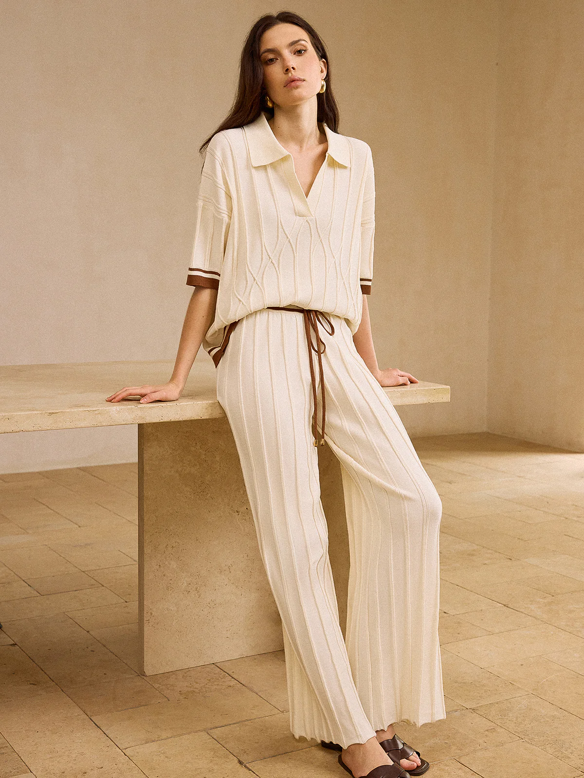Contrast-Trimmed Polo Neck Top and Drawstring Straight-Leg Pants Set - Takermore