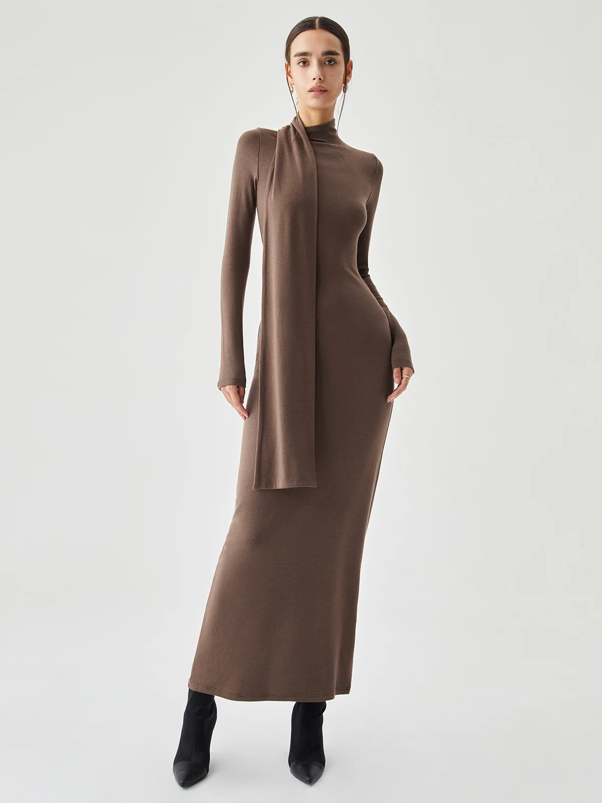 Bodycon High Neck Ribbed Knit Long Dress with Matching Scarf - Takermore