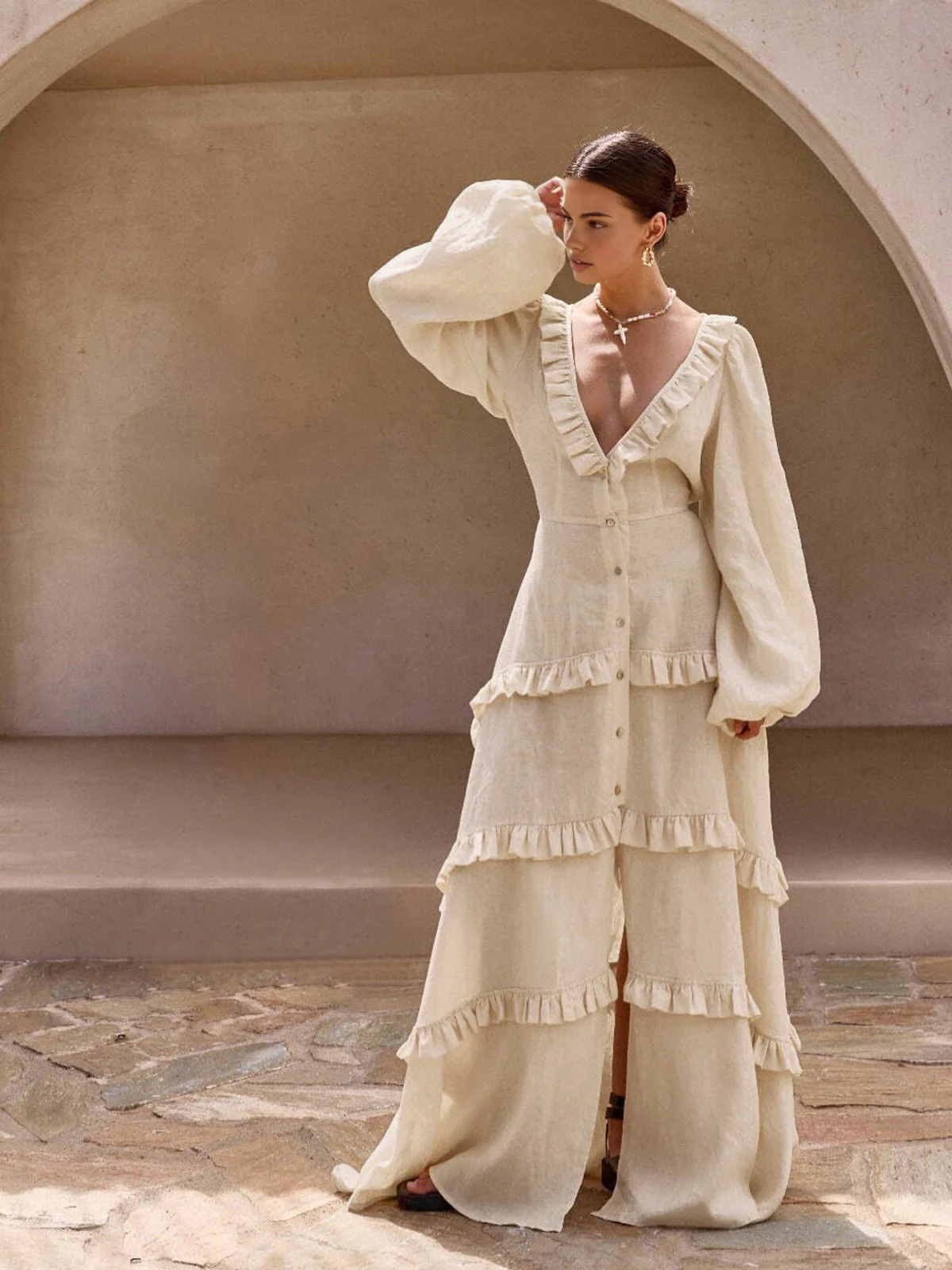 Cotton & Linen Semi-Sheer Ruffle Trim Long Dress - Takermore